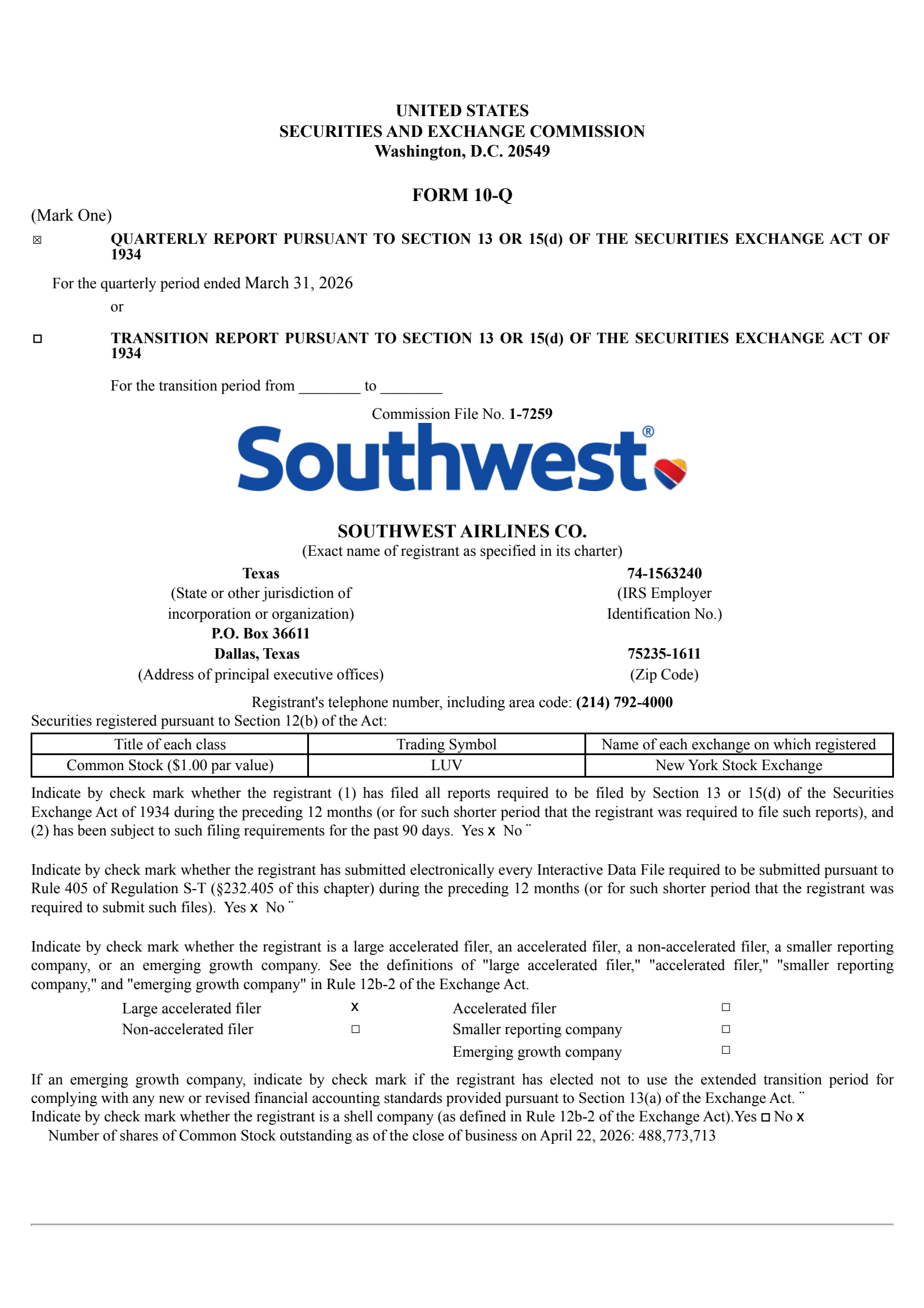 Southwest Airlines' Q1 2026 Quarterly report