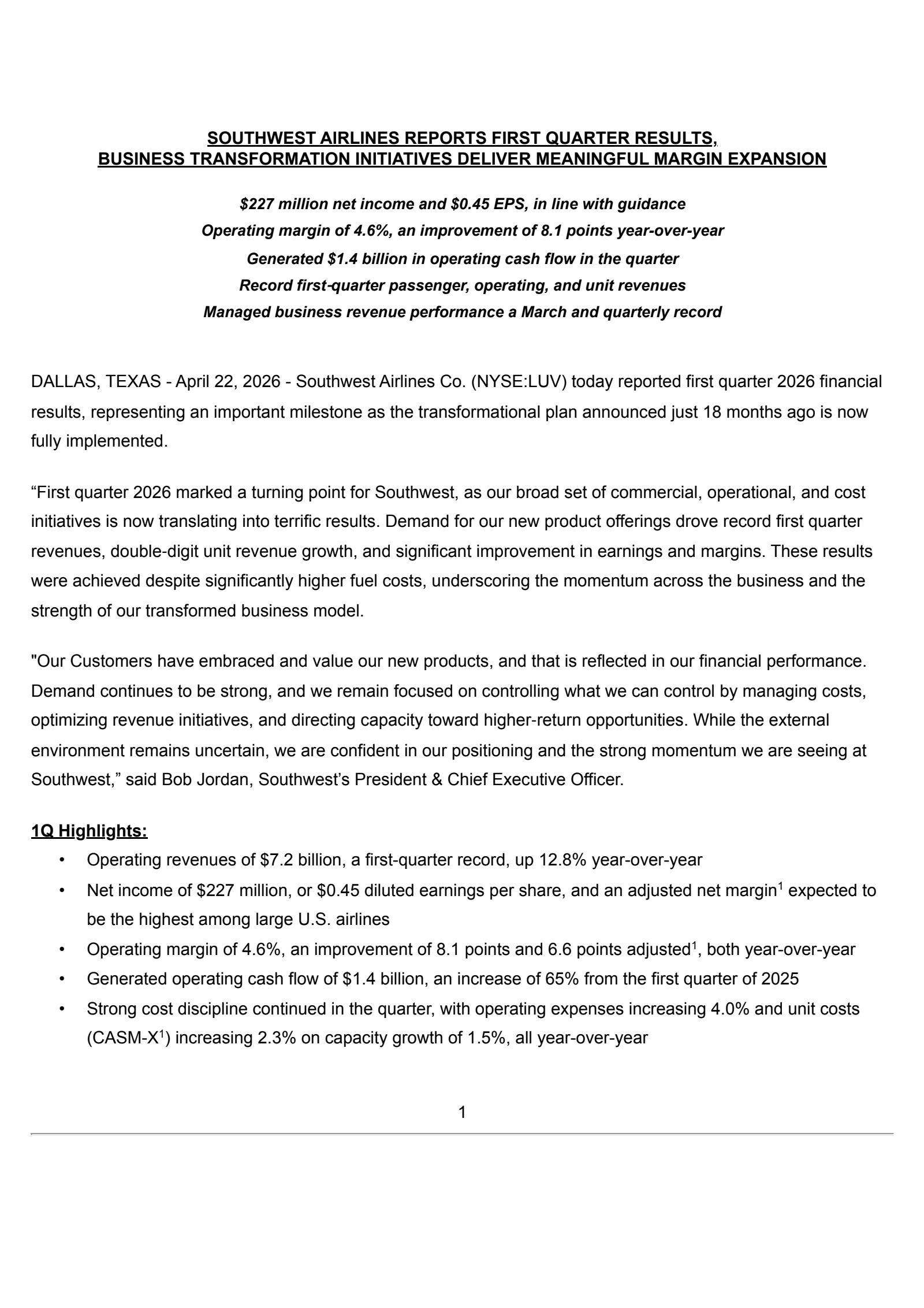 Southwest Airlines' Q1 2026 Press Release