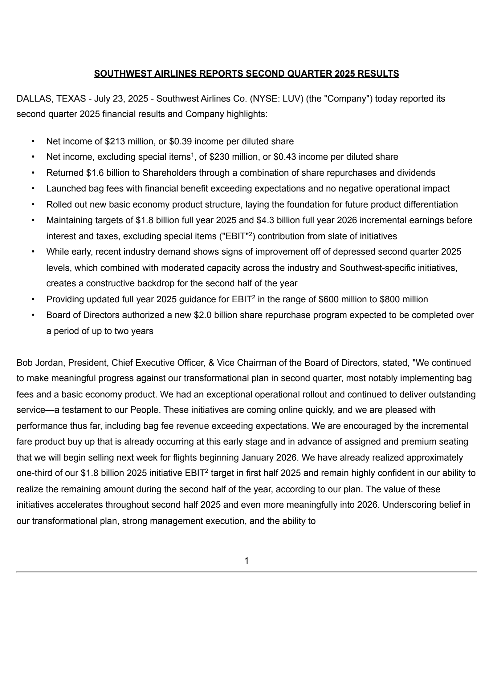 Southwest Airlines' Q2 2025 Press Release