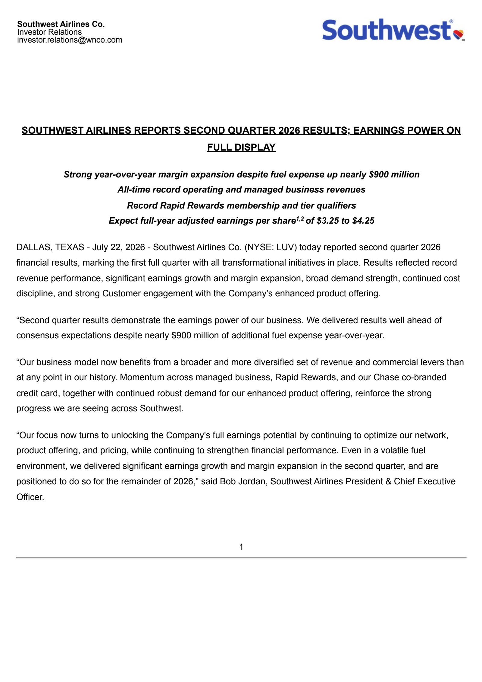 Southwest Airlines' Q2 2026 Press Release