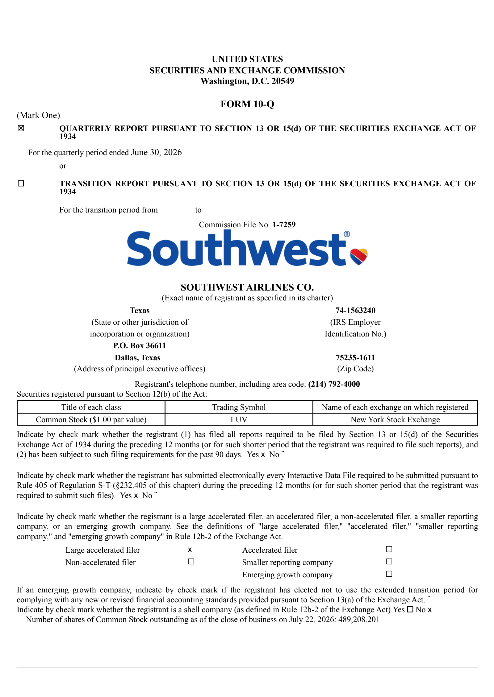Southwest Airlines' Q2 2026 Quarterly report