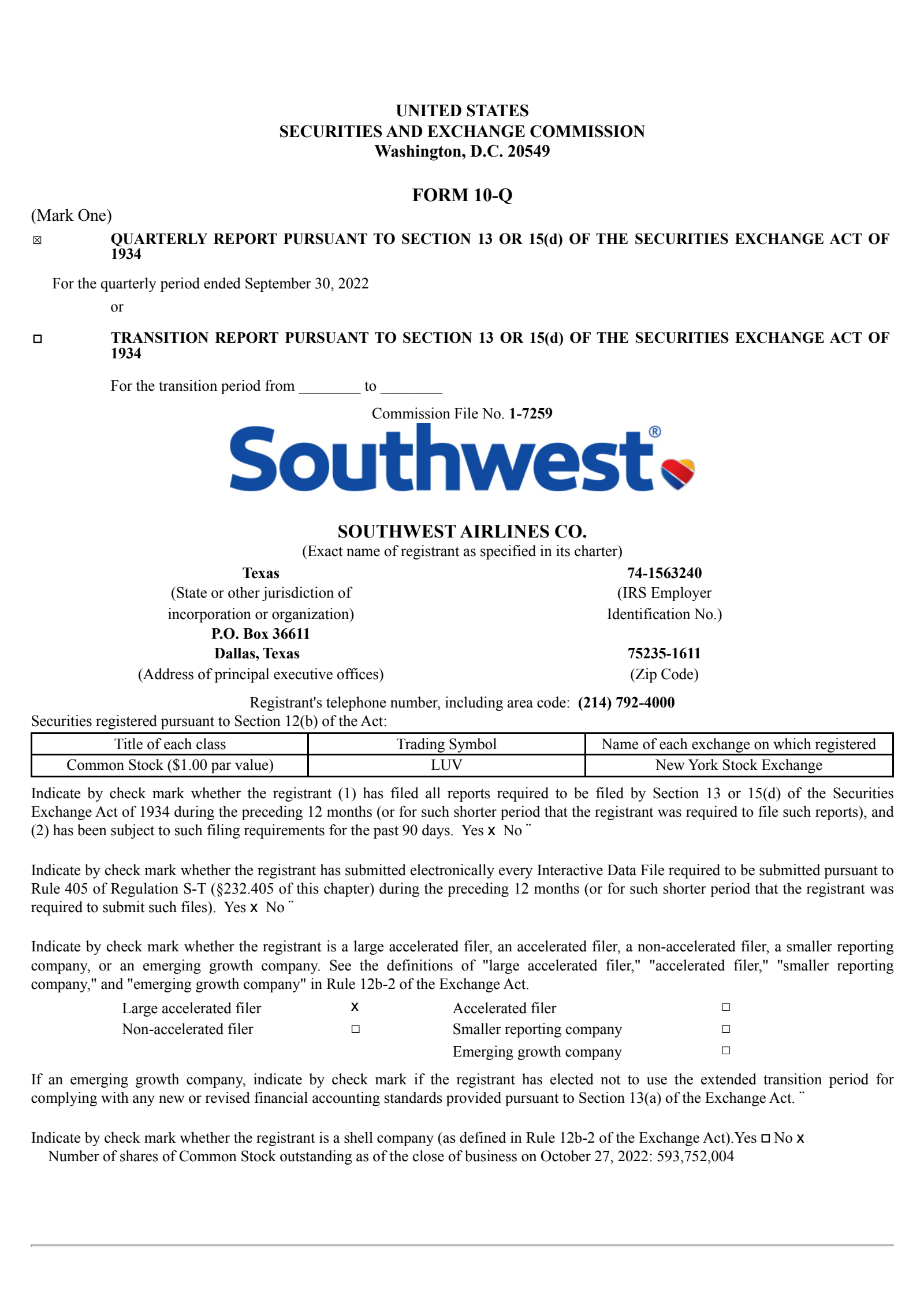 Southwest Airlines' Q3 2022 Quarterly report