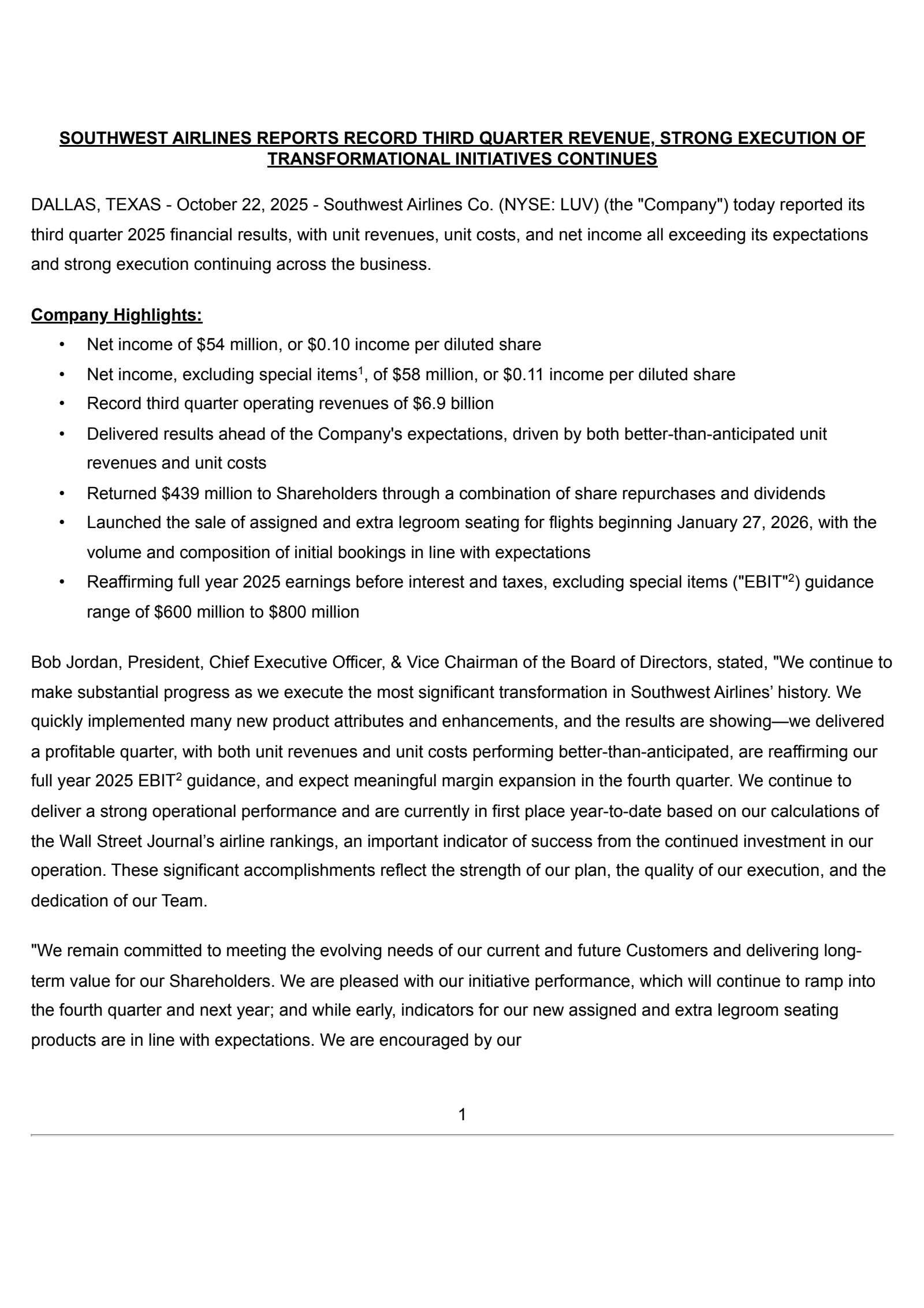 Southwest Airlines' Q3 2025 Earnings Release