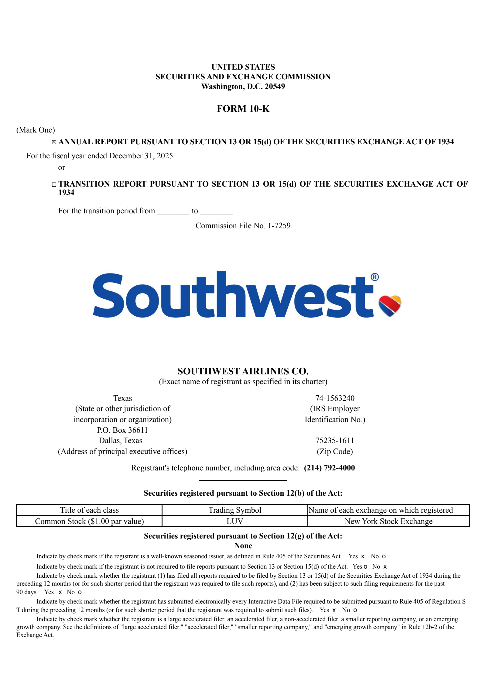 Southwest Airlines' Q4 2025 Annual report