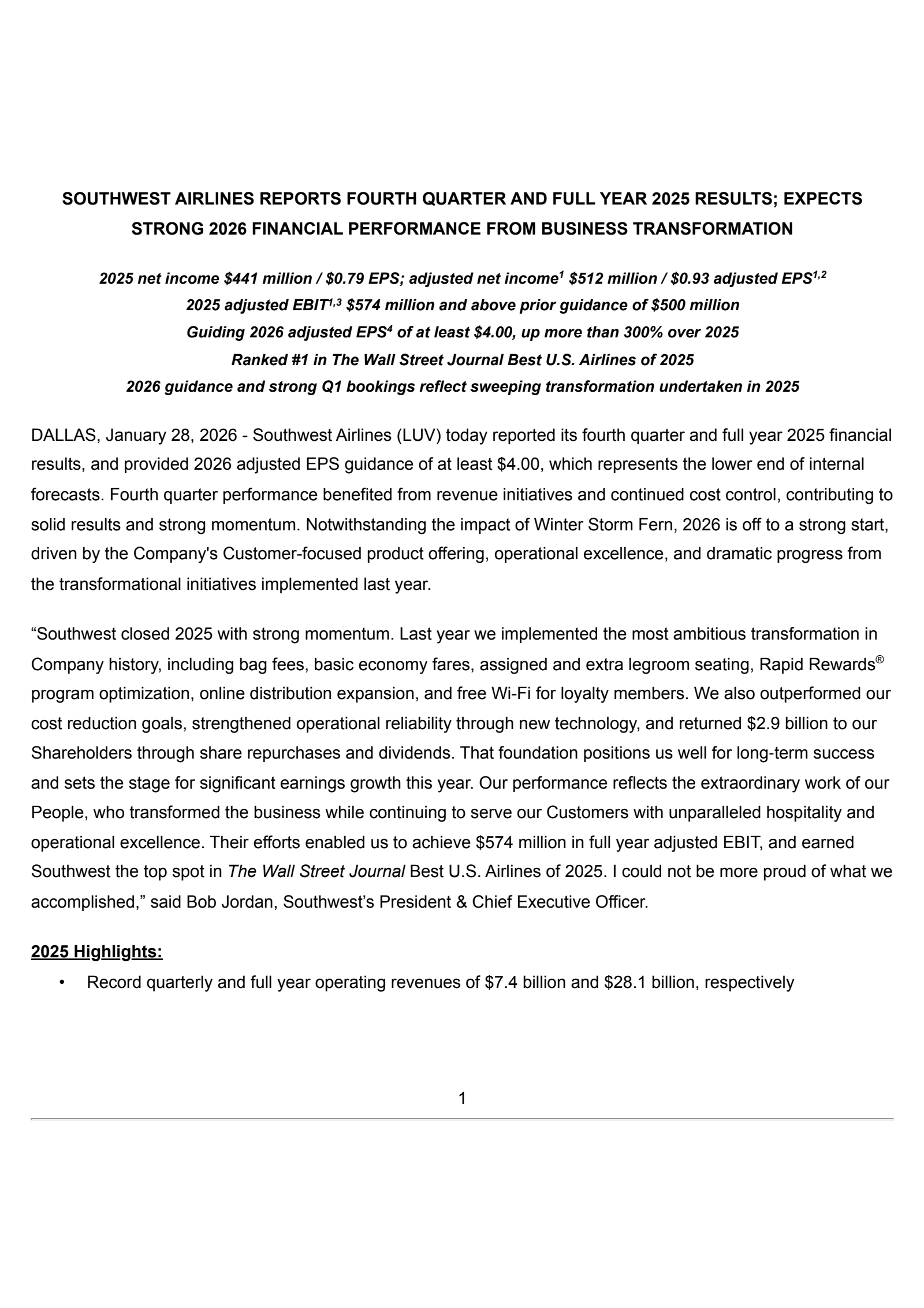 Southwest Airlines' Q4 2025 Press Release