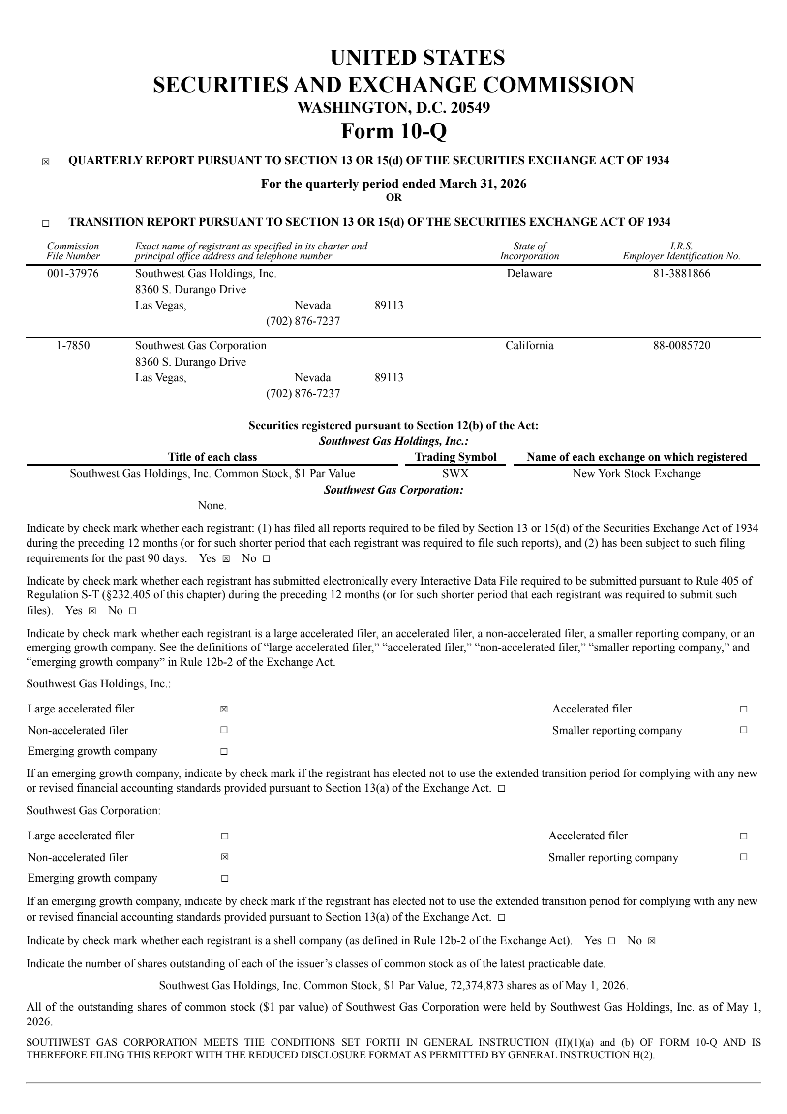 Southwest Gas' Q1 2026 Quarterly report