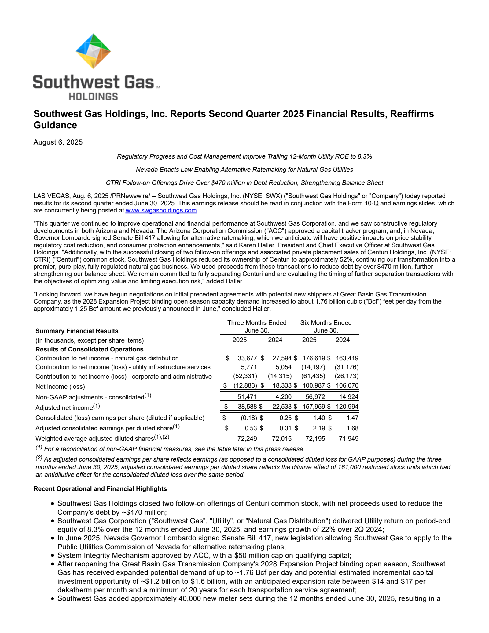 Southwest Gas' Q2 2025 Press Release