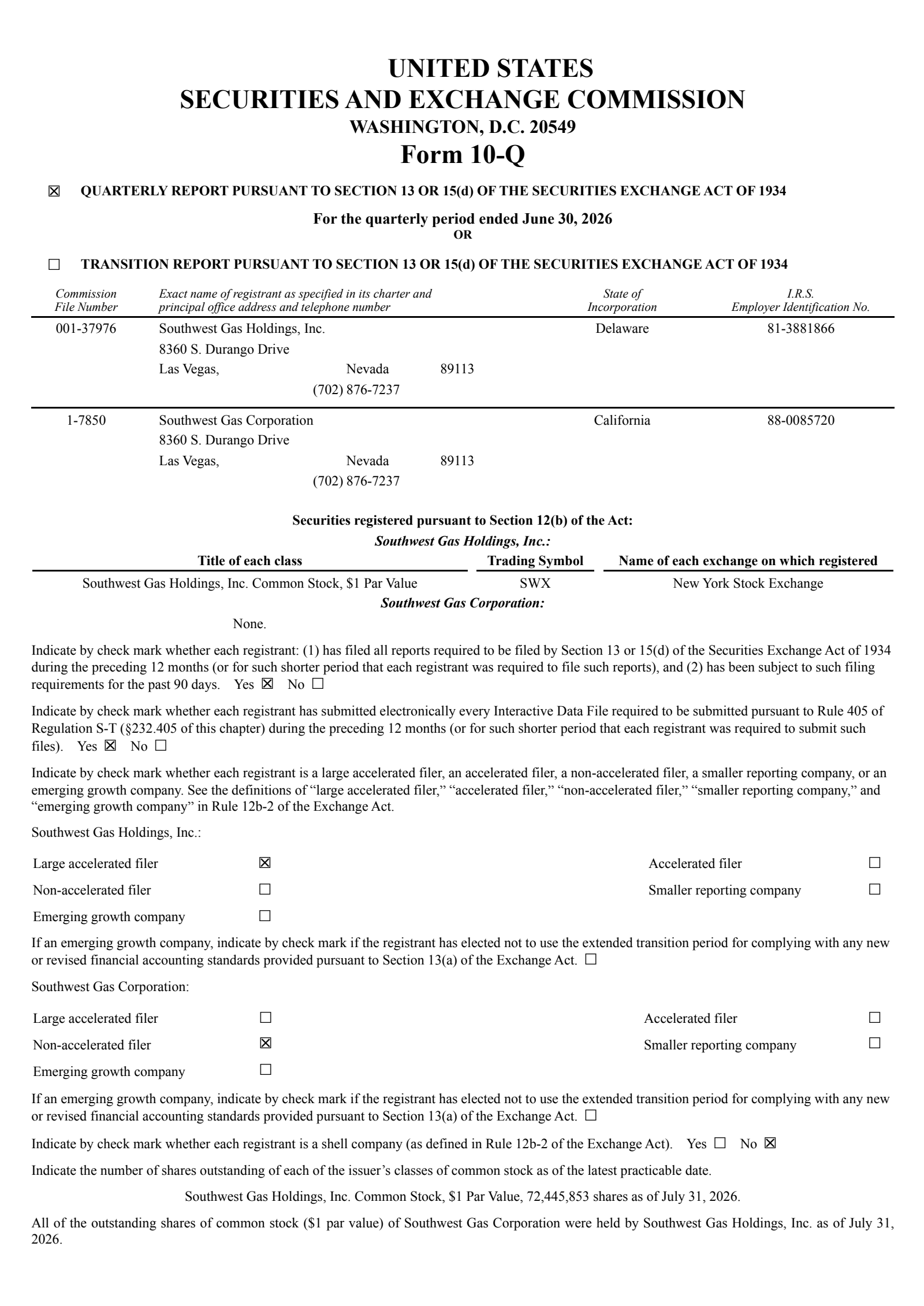 Southwest Gas' Q2 2026 Quarterly report