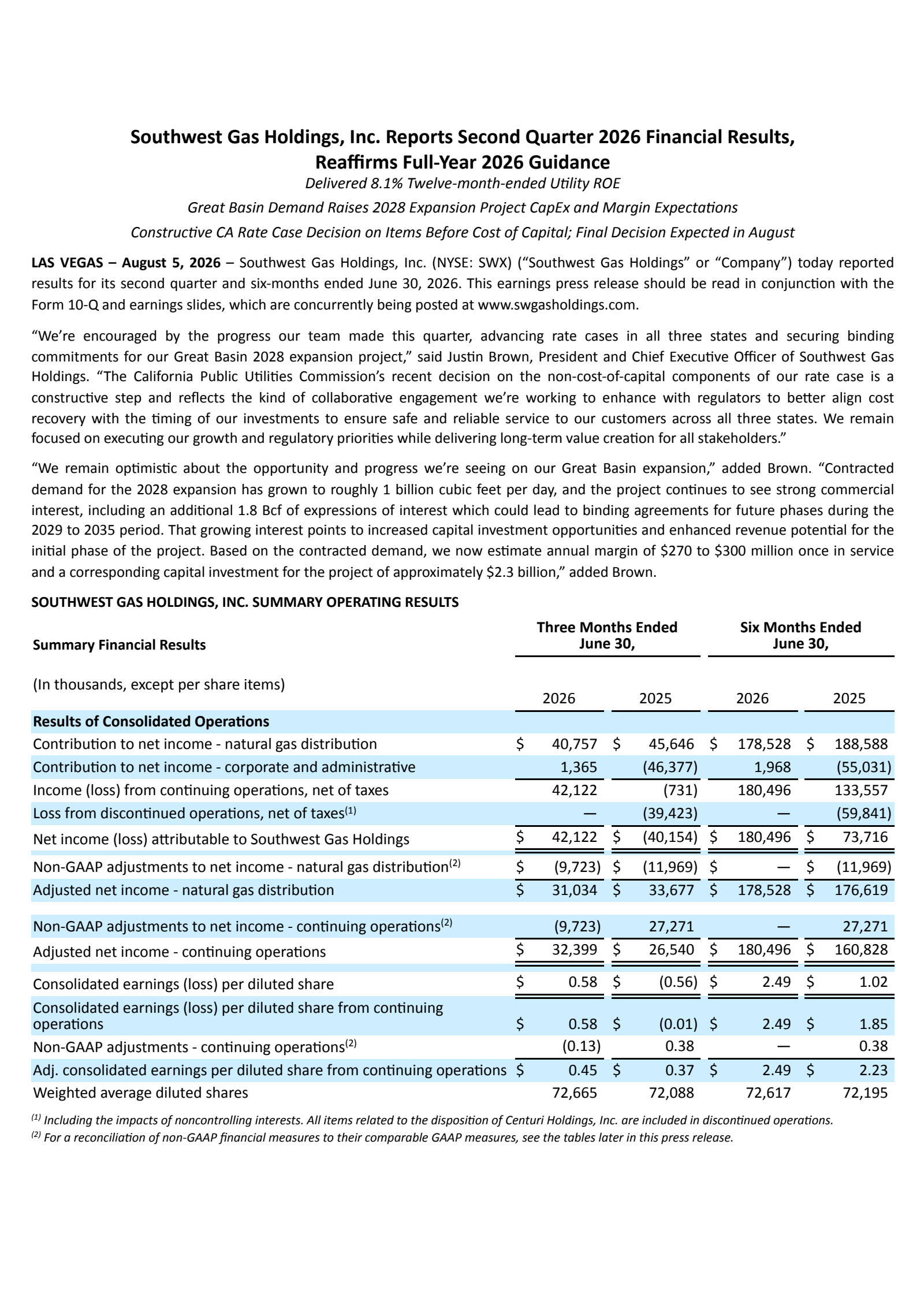 Southwest Gas' Q2 2026 Press Release