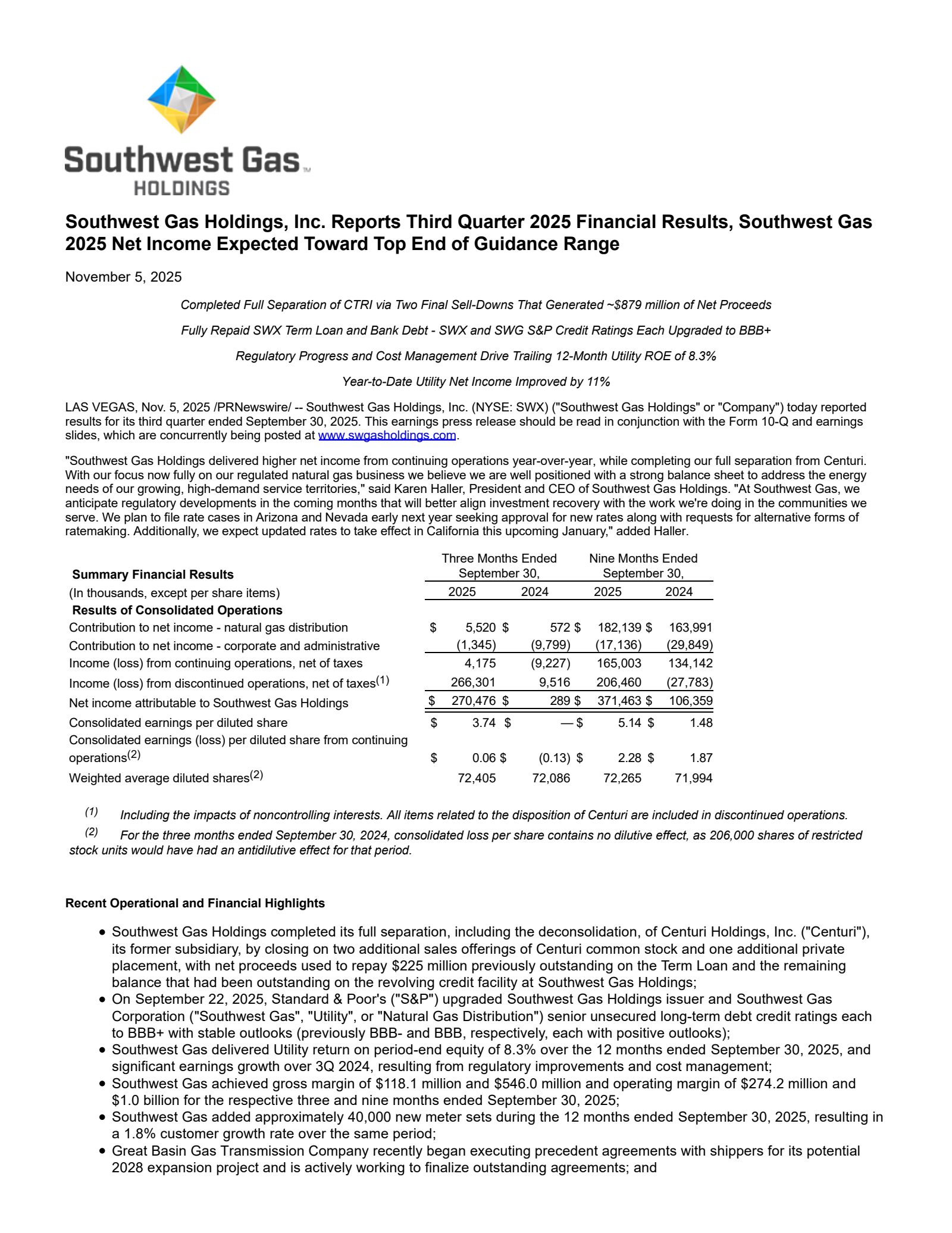 Southwest Gas' Q3 2025 Earnings Release