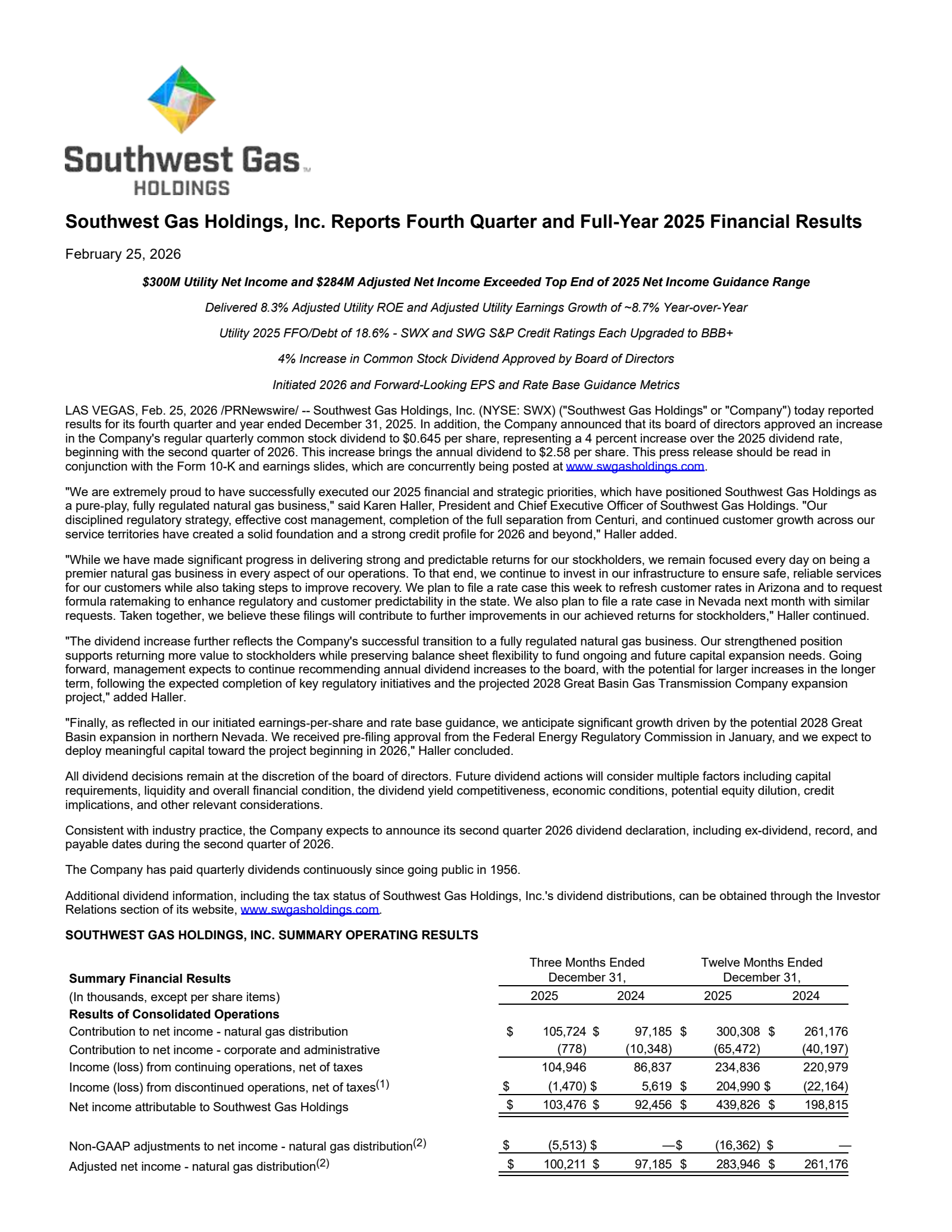 Southwest Gas' Q4 2025 Press Release