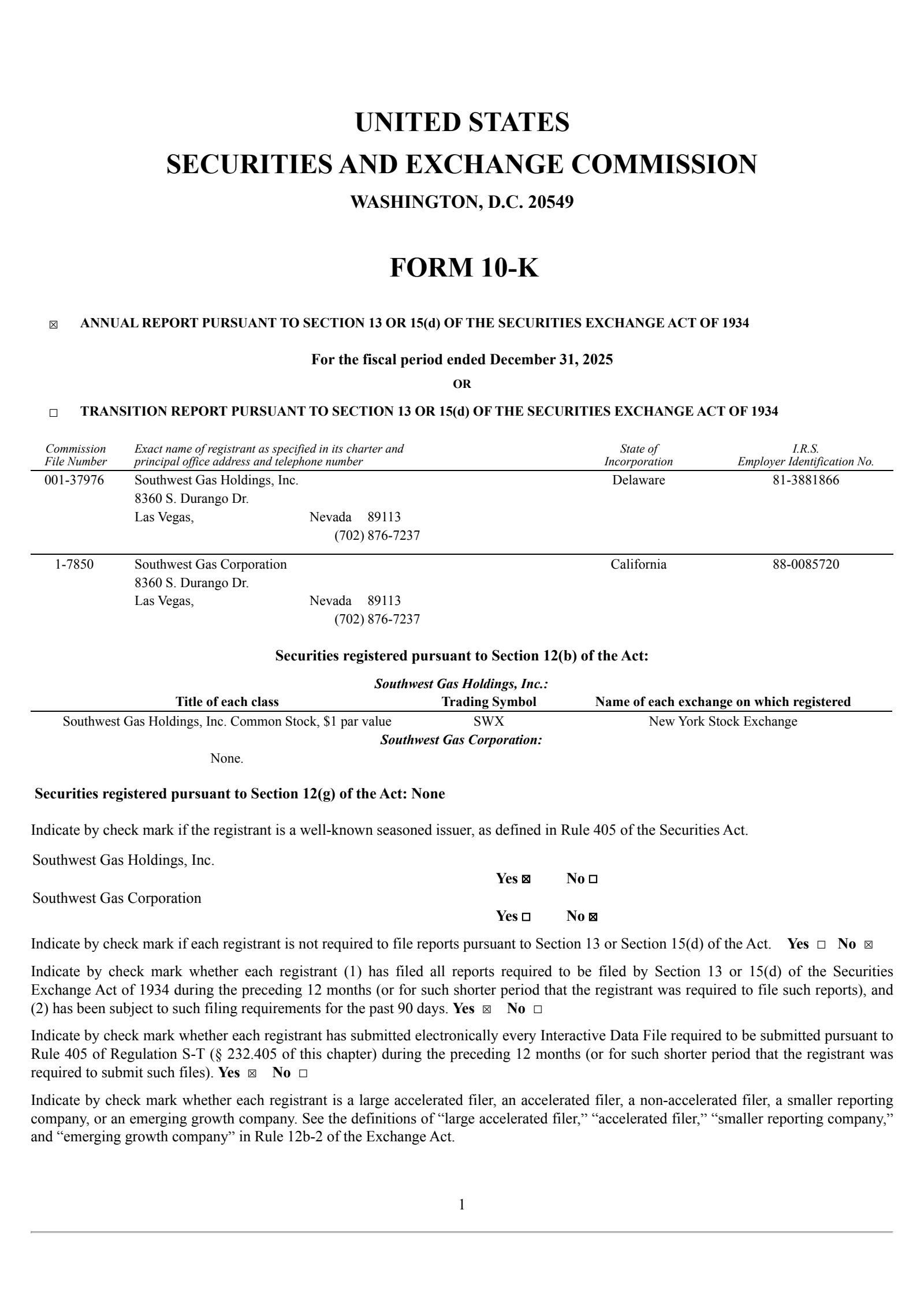 Southwest Gas' Q4 2025 Annual report