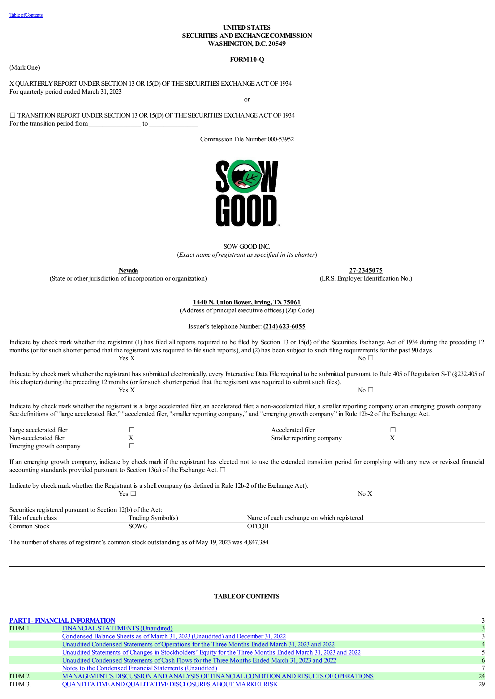 Sow Good's Q1 2023 Press Release