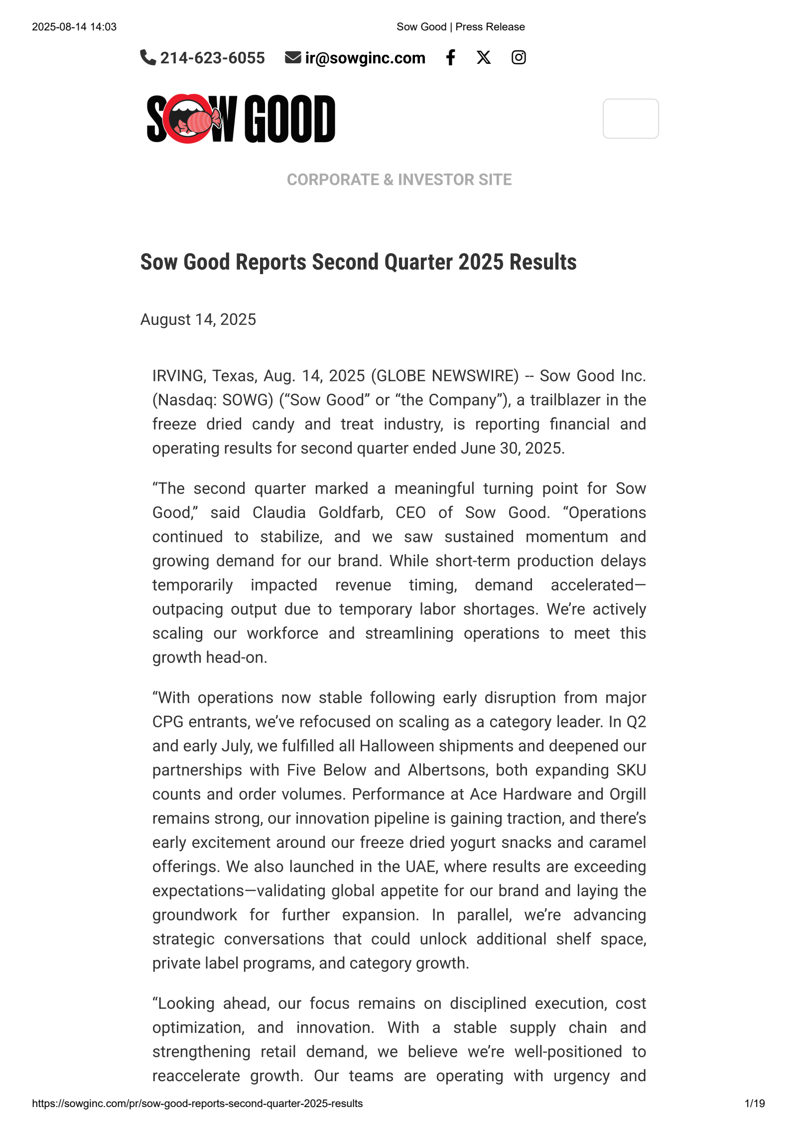 Sow Good's Q2 2025 Press Release