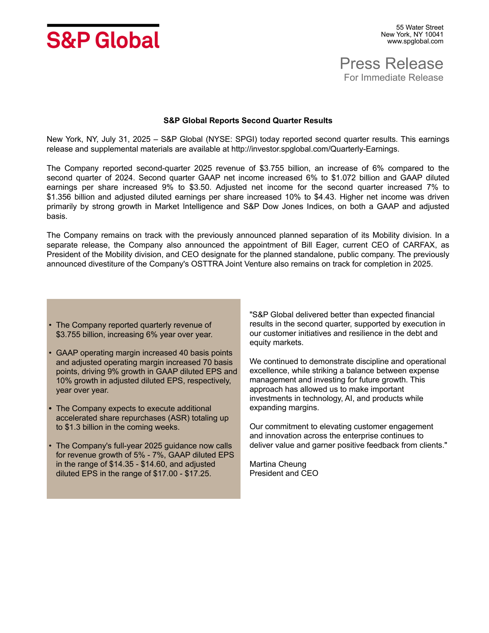 S&P Global's Q2 2025 Press Release