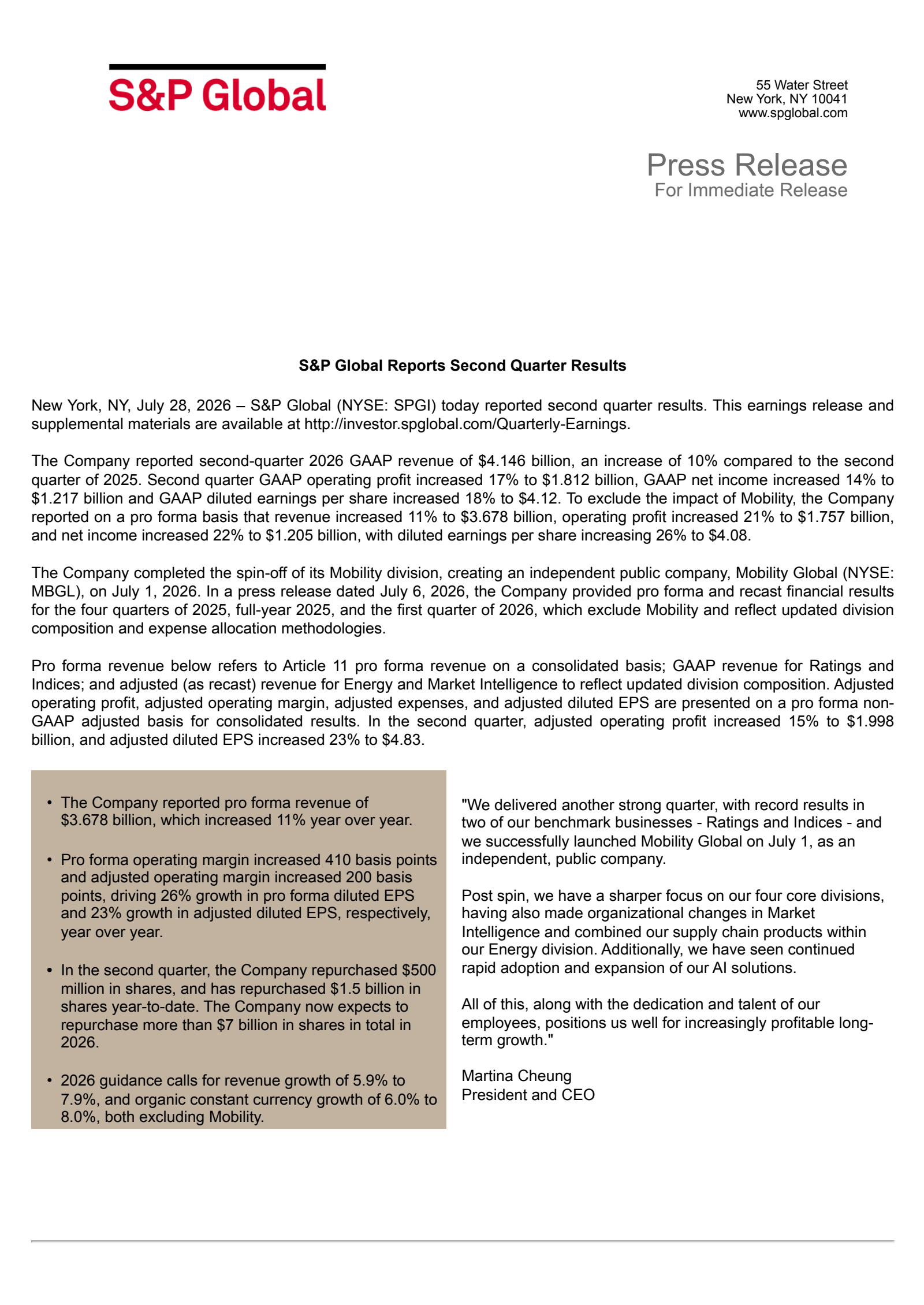 S&P Global's Q2 2026 Press Release