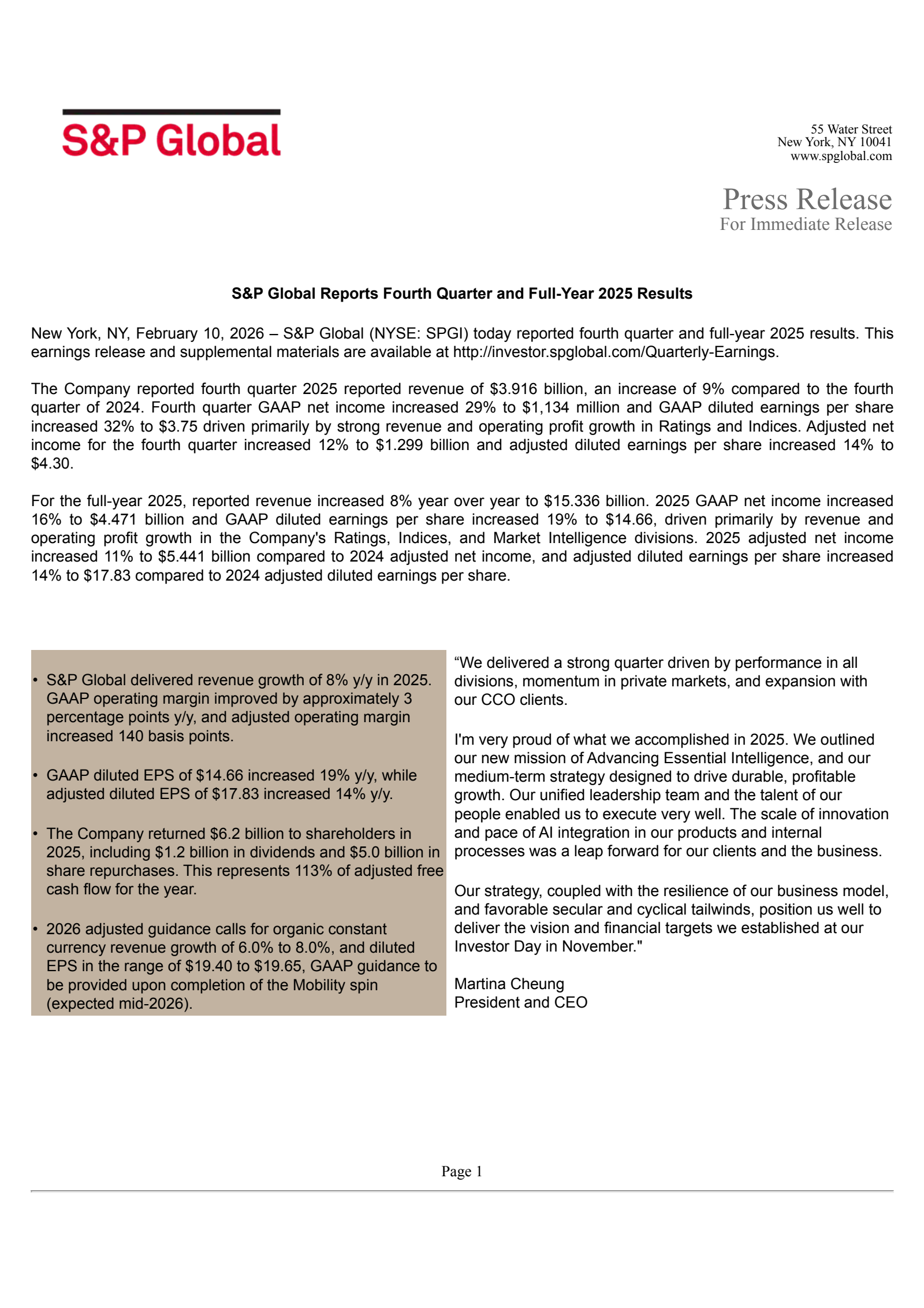 S&P Global's Q4 2025 Press Release