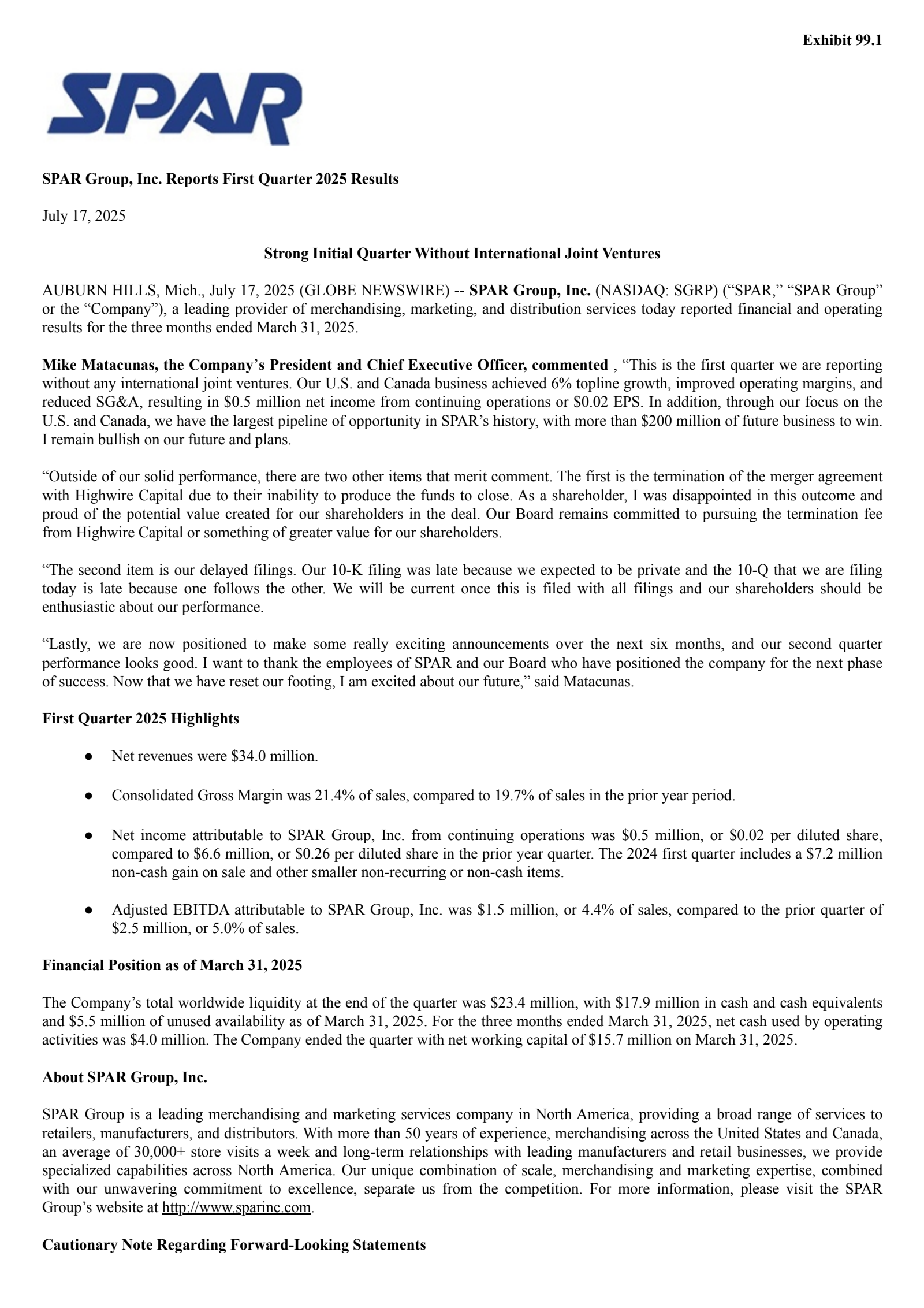 SPAR Group's Q1 2025 Press Release