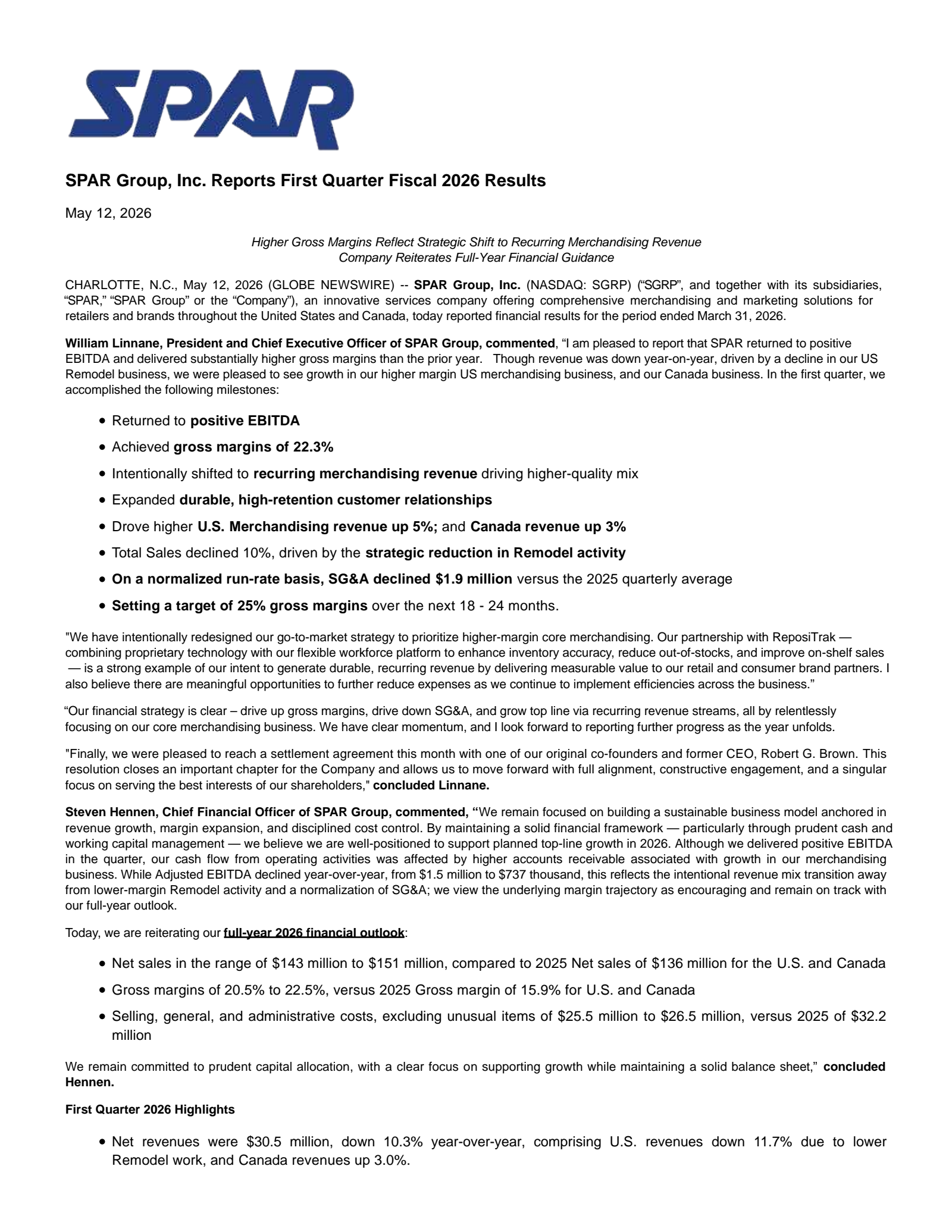 SPAR Group's Q1 2026 Press Release