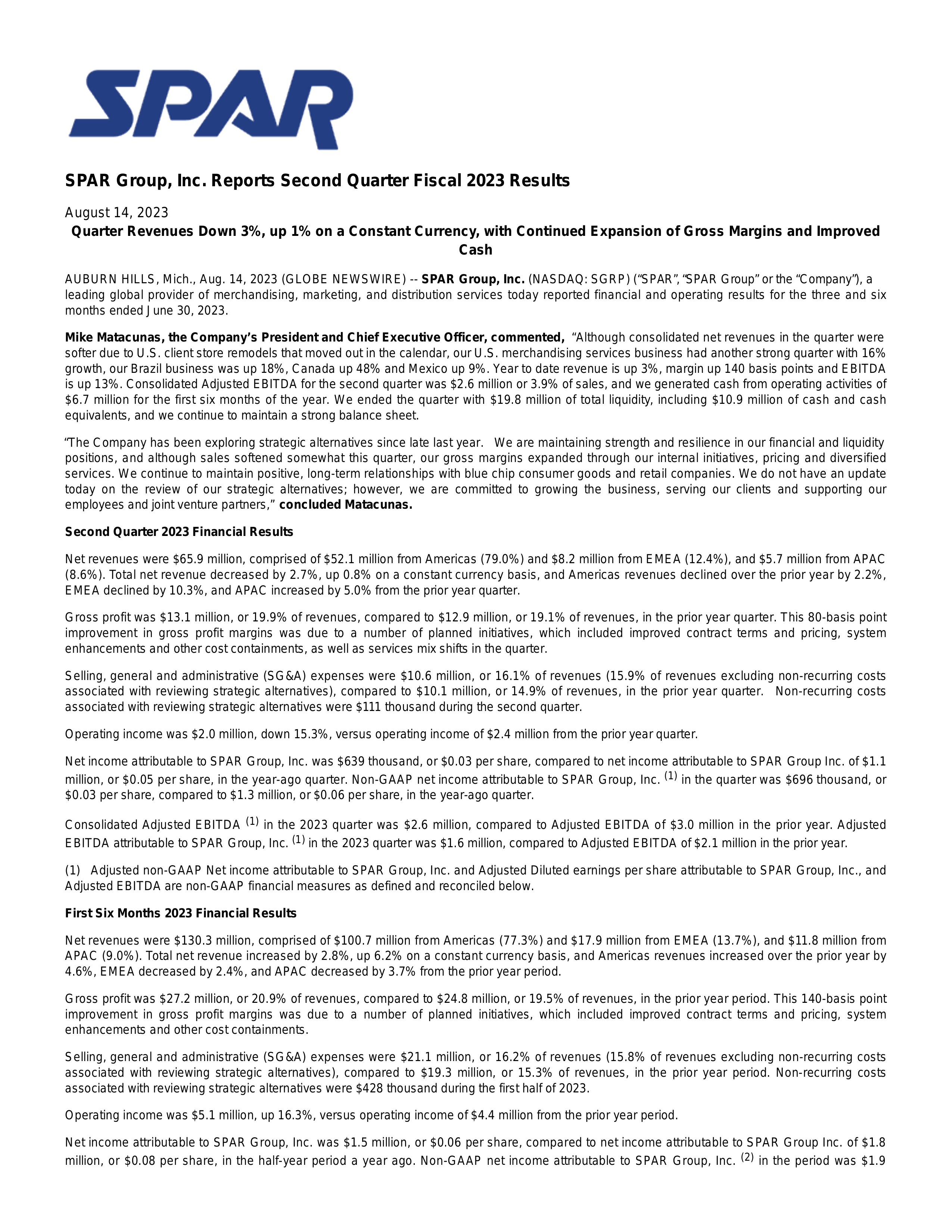 SPAR Group's Q2 2023 Press Release