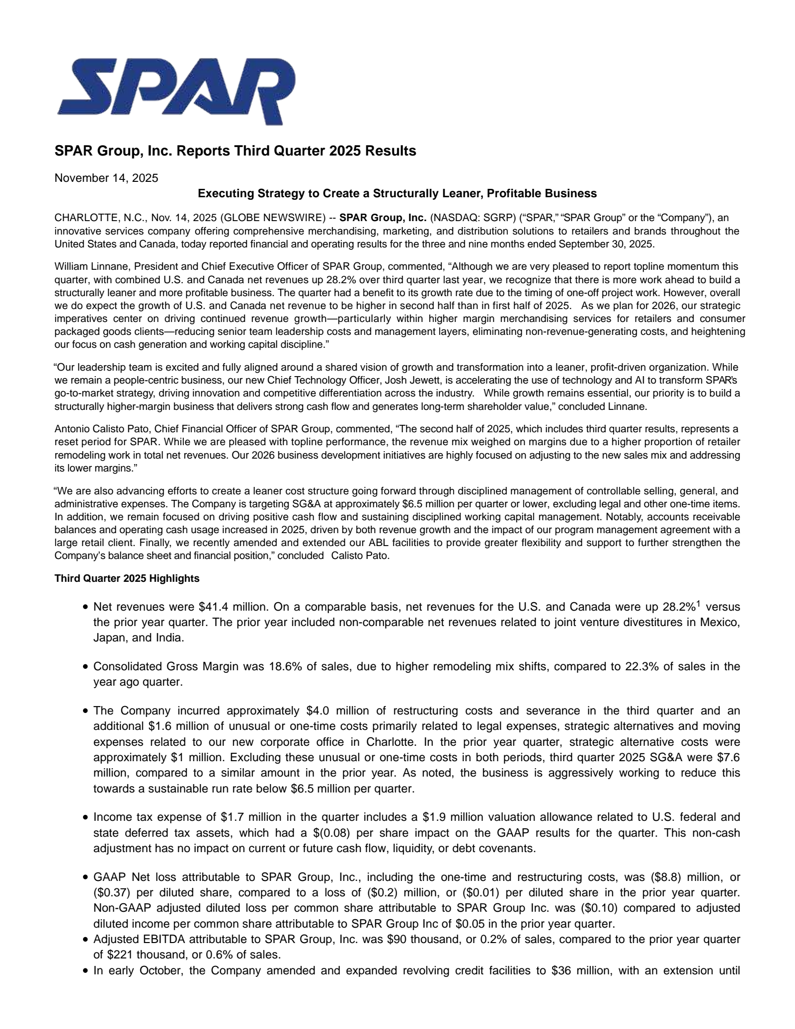 SPAR Group's Q3 2025 Earnings Release