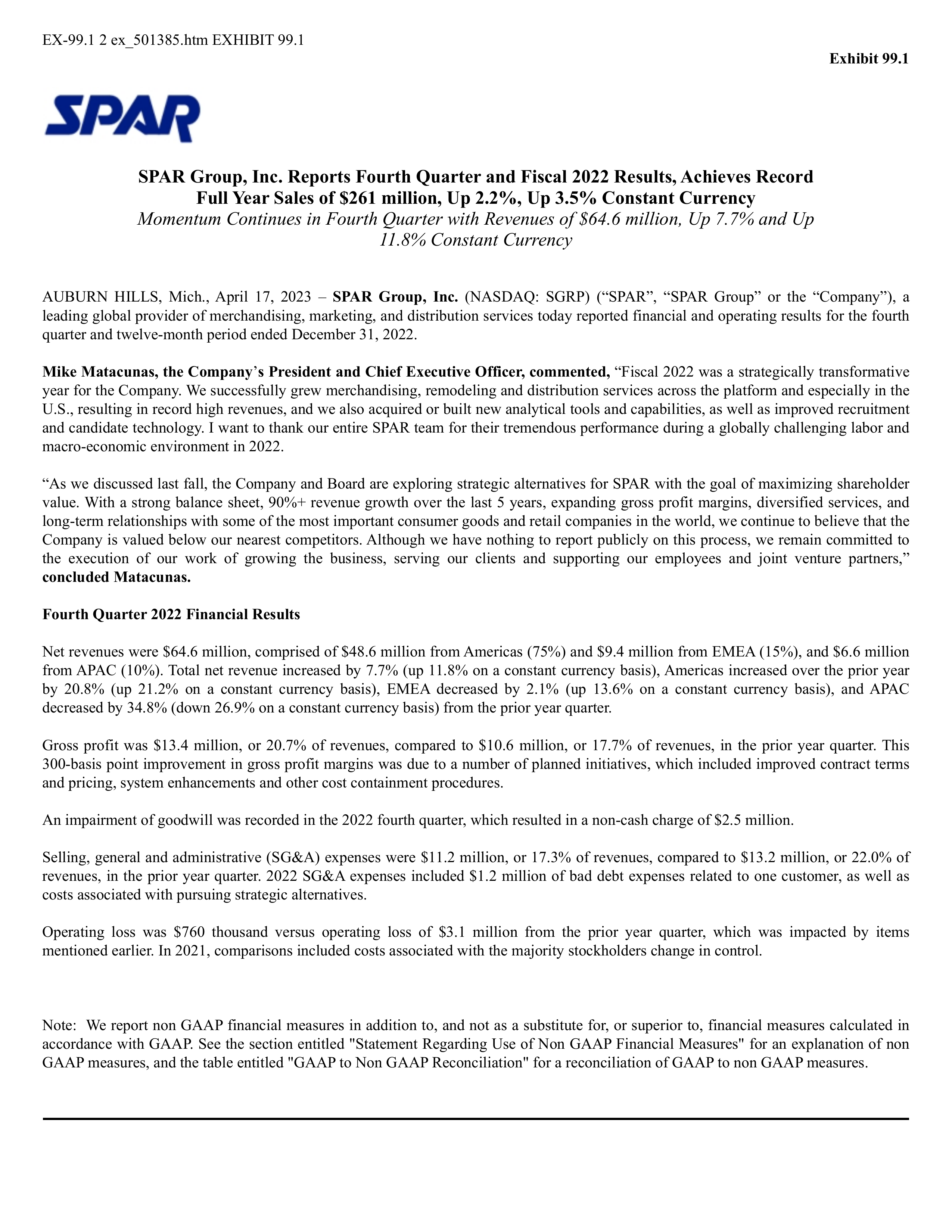 SPAR Group's Q4 2022 Press Release
