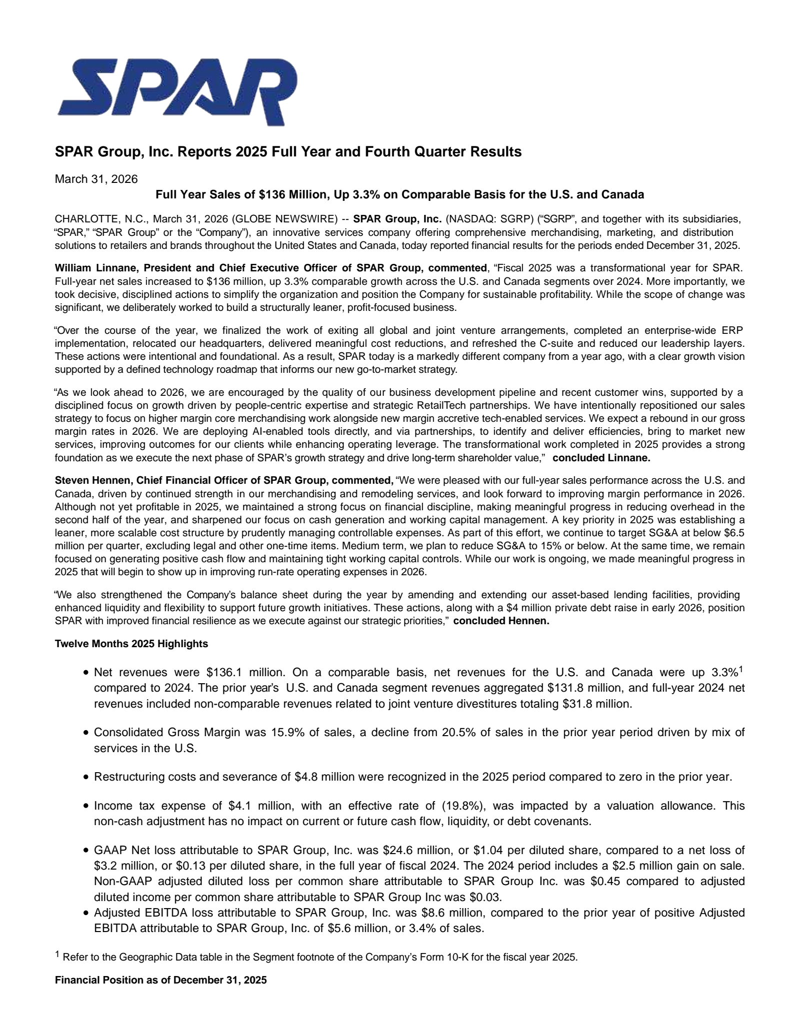 SPAR Group's Q4 2025 Press Release