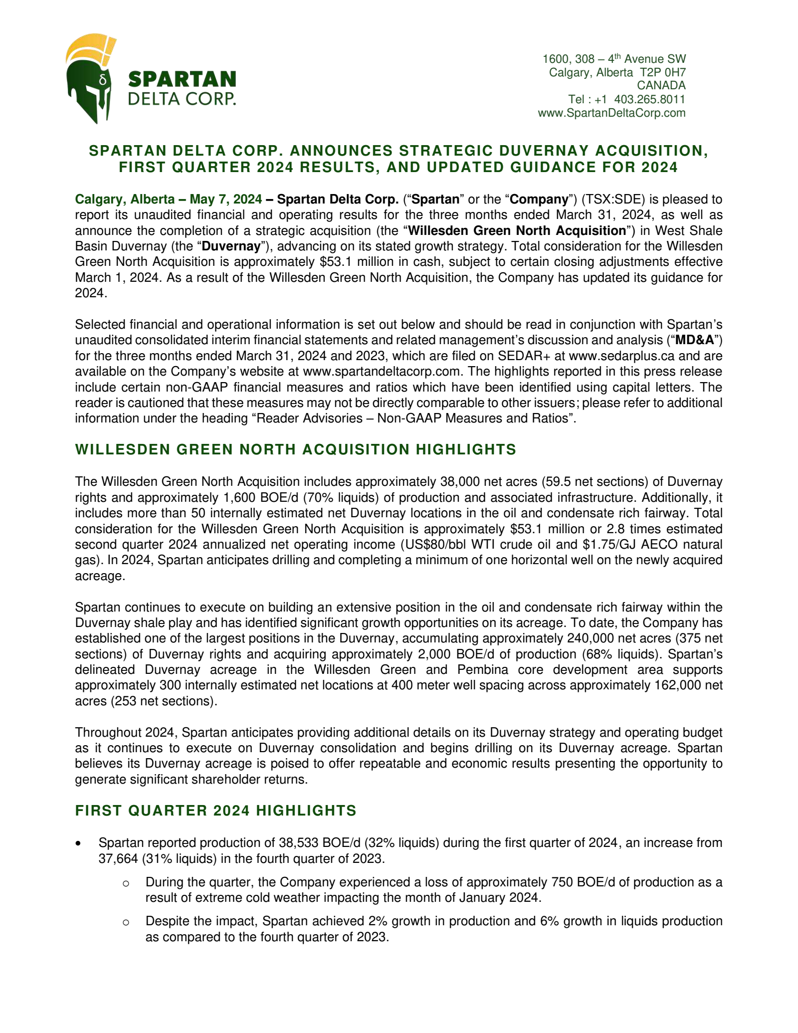 Spartan Delta's Q1 2024 Press Release