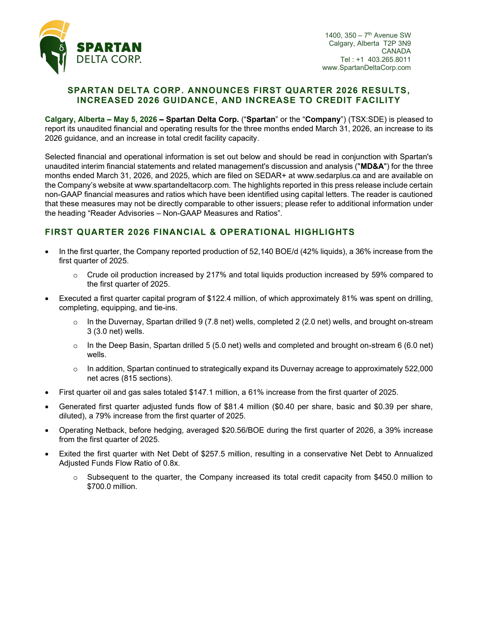 Spartan Delta's Q1 2026 Press Release