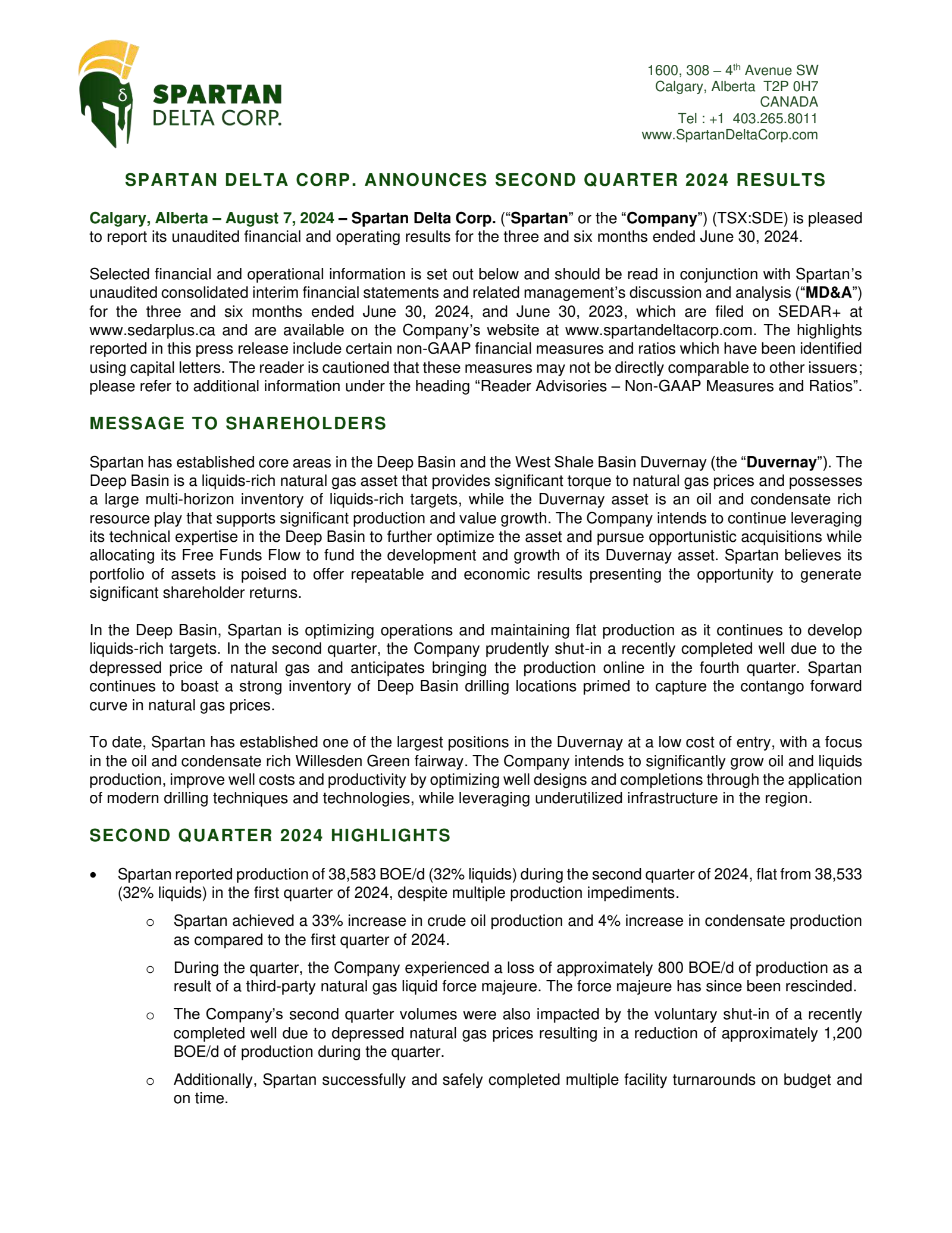 Spartan Delta's Q2 2024 Press Release