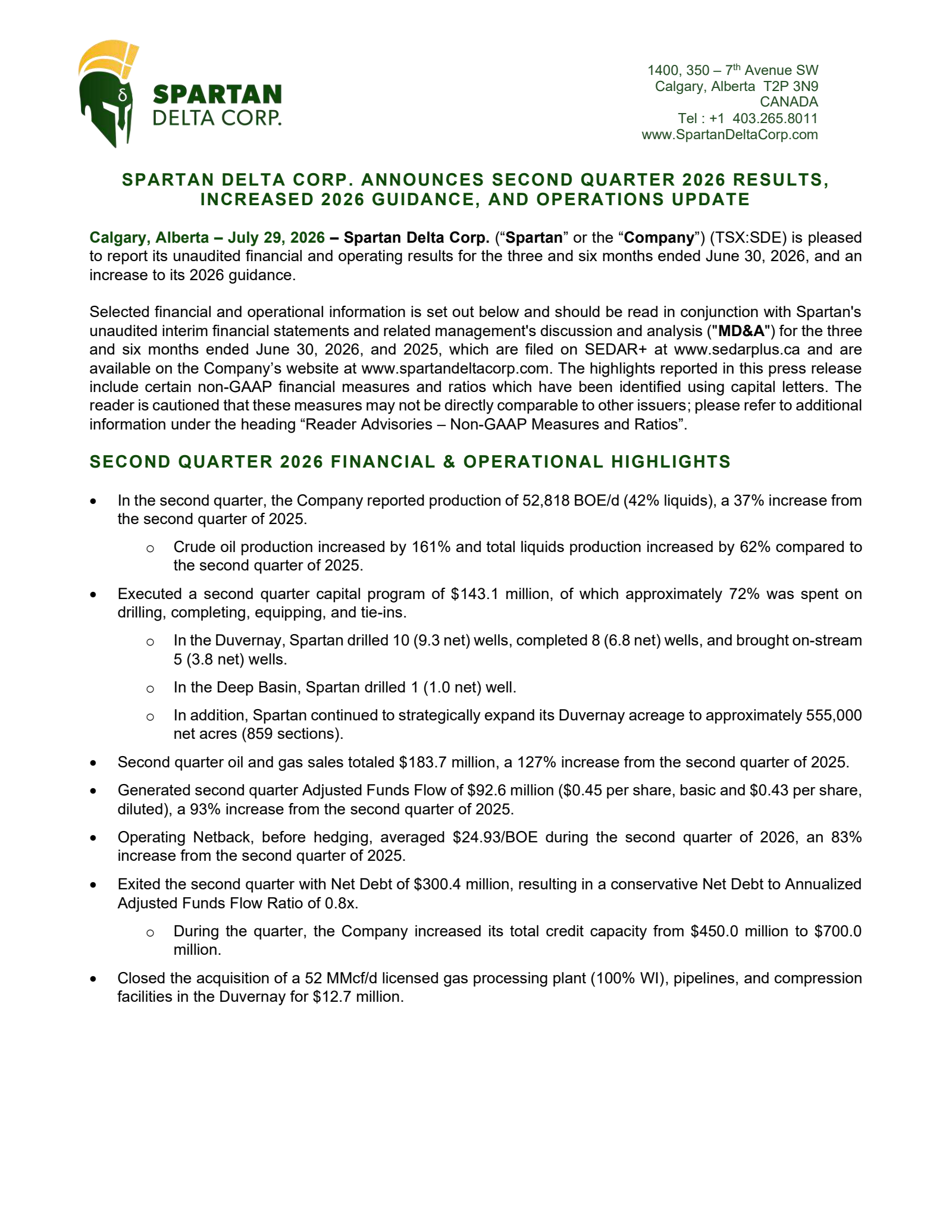 Spartan Delta's Q2 2026 Press Release