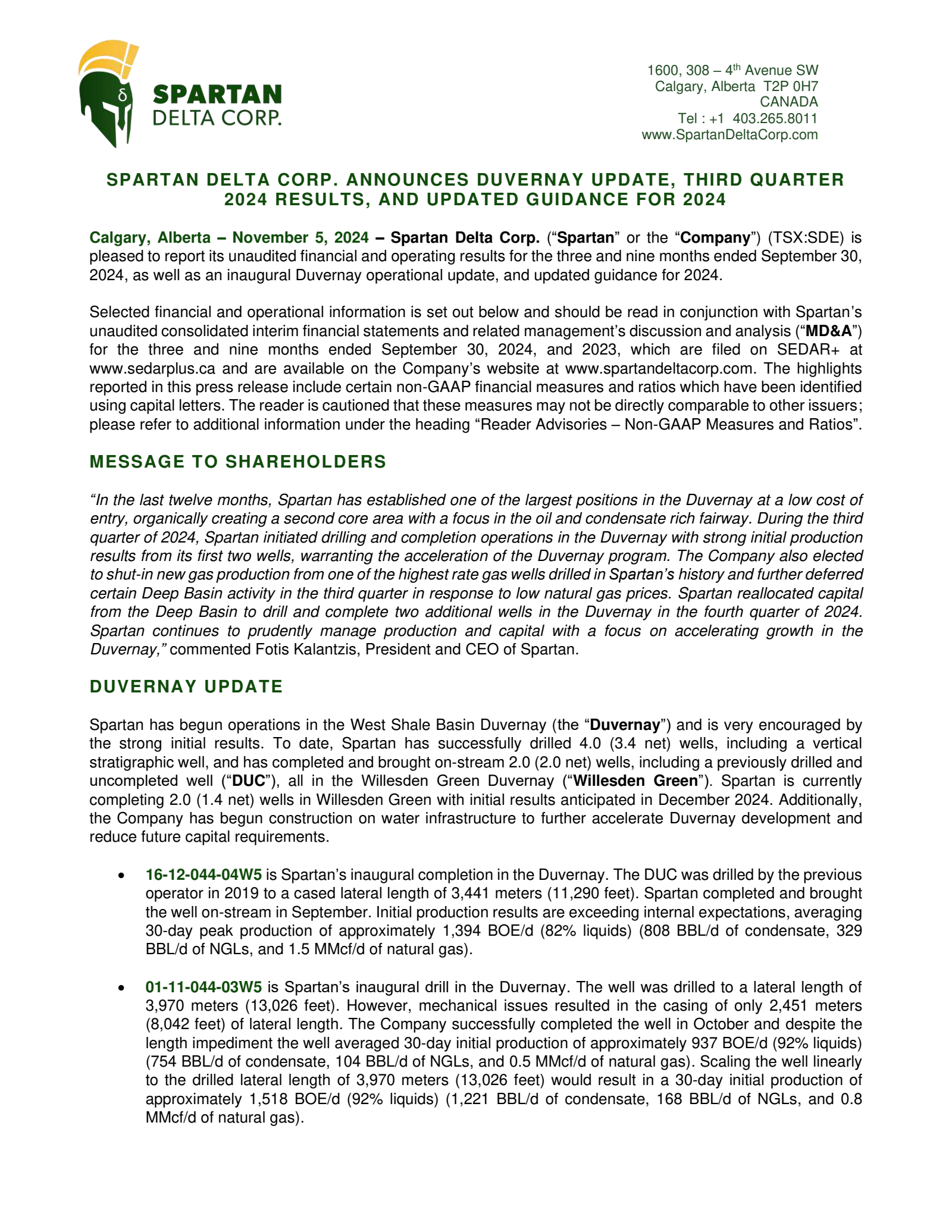 Spartan Delta's Q3 2024 Press Release