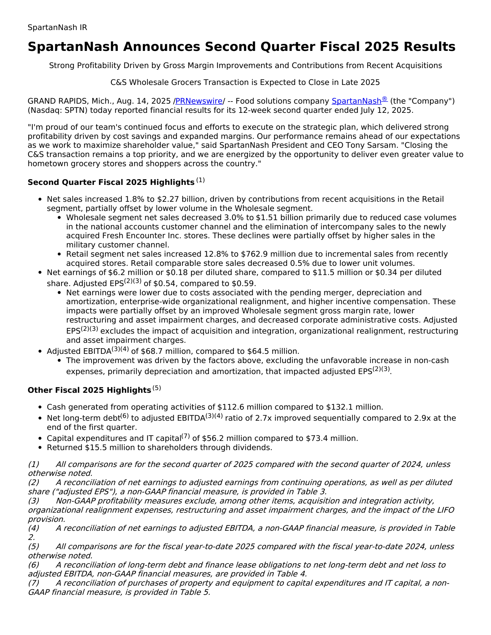 SpartanNash's Q2 2025 Press Release