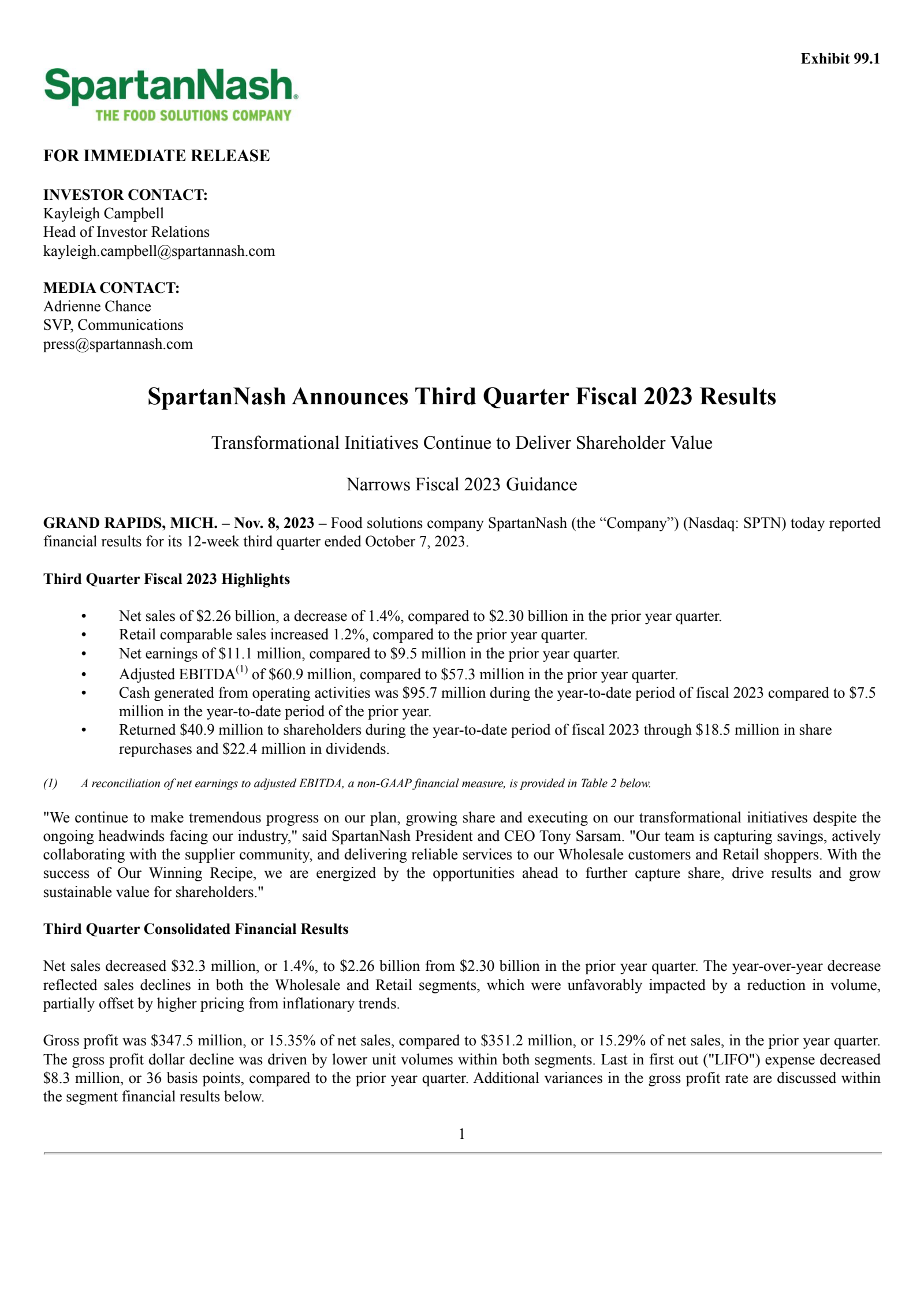 SpartanNash's Q3 2023 Press Release