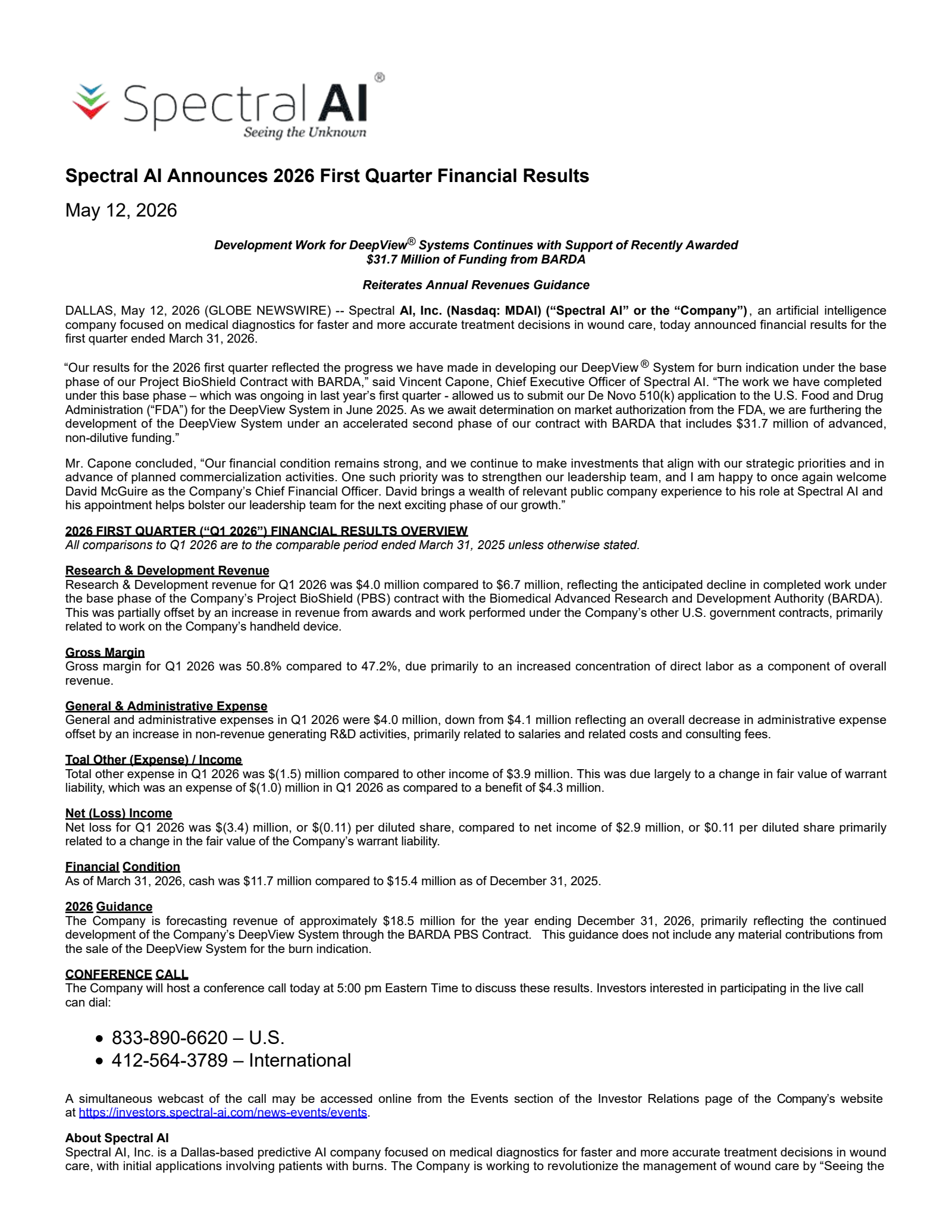 Spectral AI's Q1 2026 Press Release
