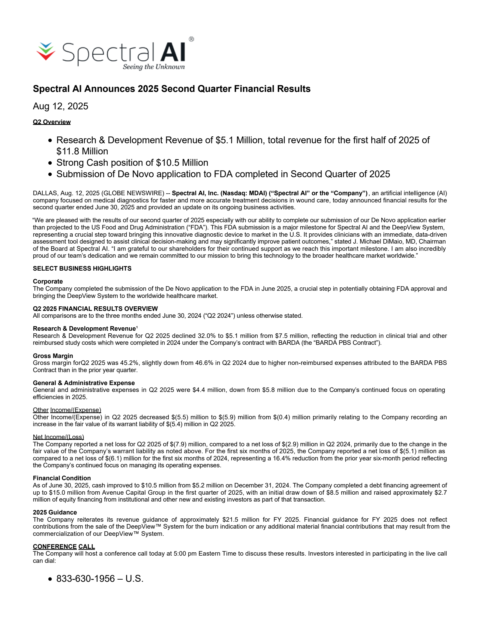 Spectral AI's Q2 2025 Press Release