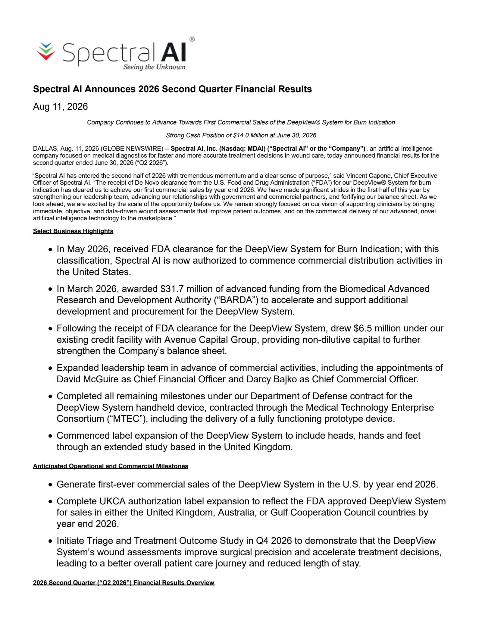 Spectral AI's Q2 2026 Press Release