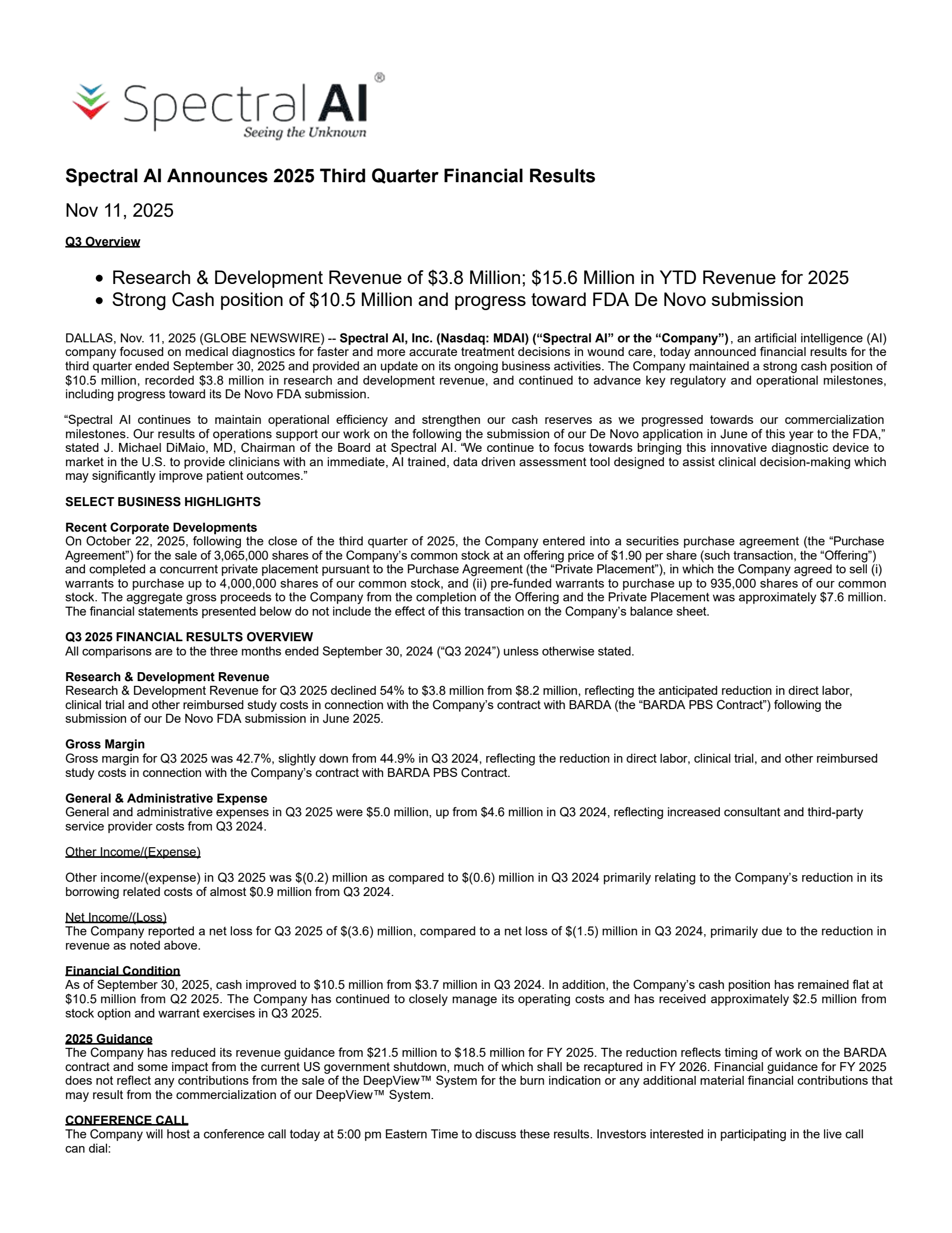 Spectral AI's Q3 2025 Earnings Release