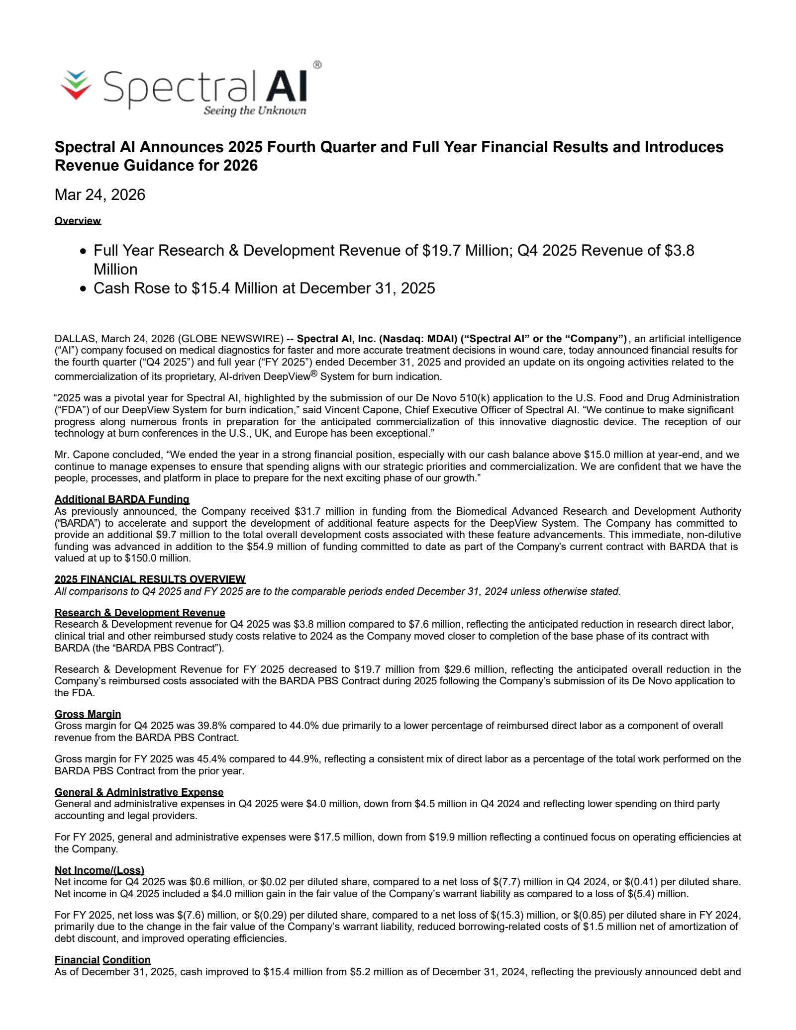 Spectral AI's Q4 2025 Press Release
