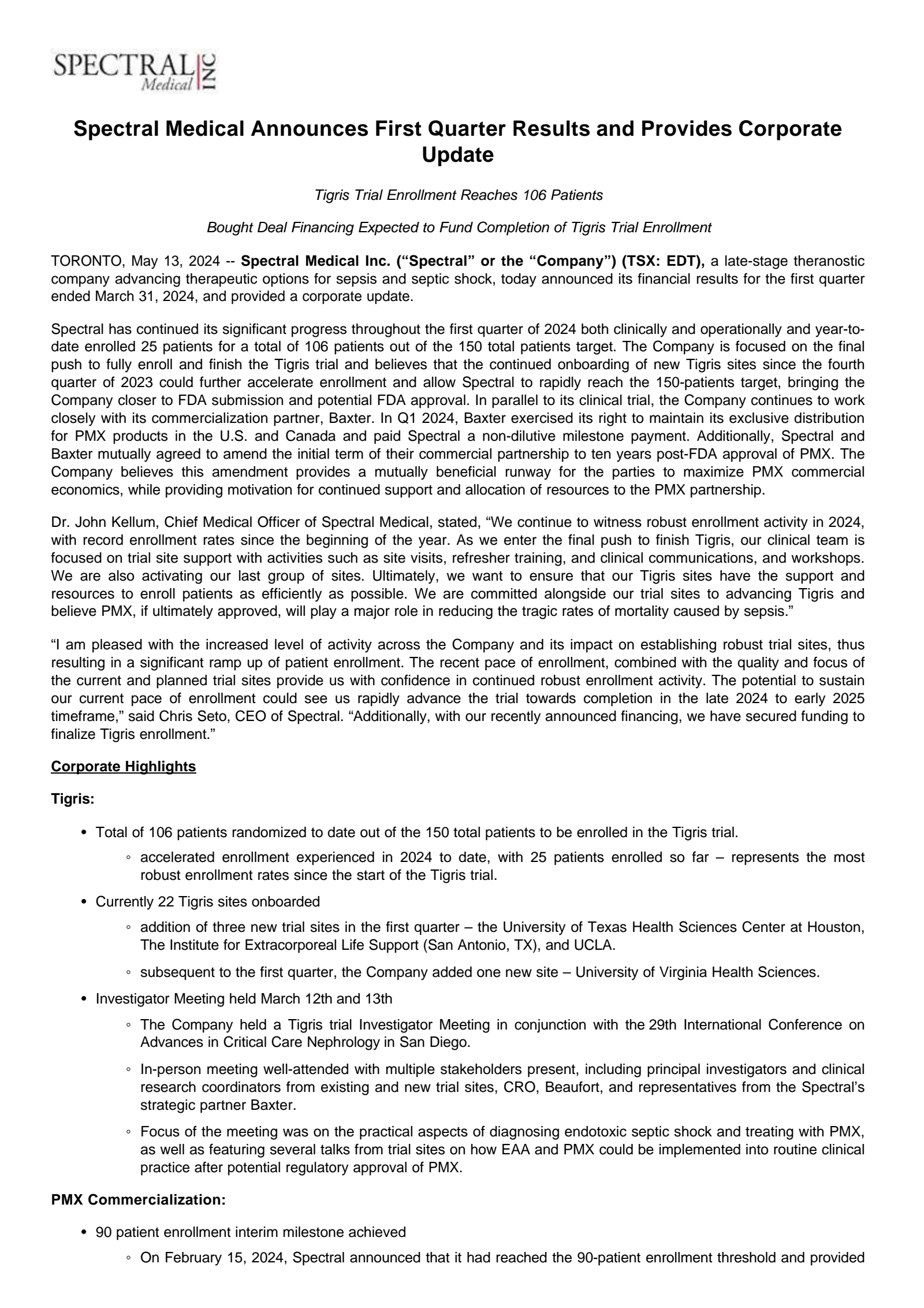 Spectral Medical's Q1 2024 Press Release