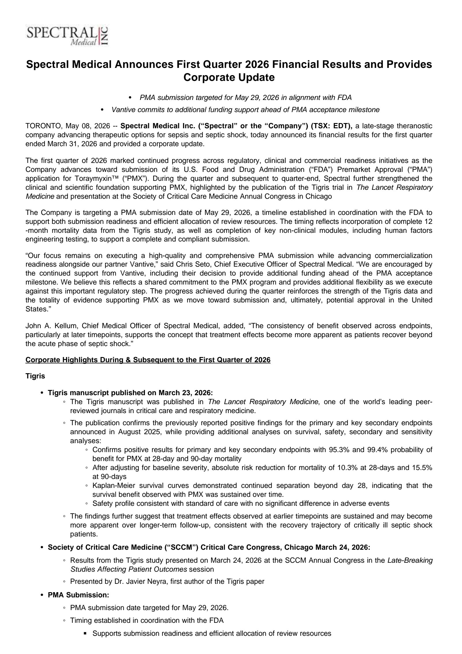 Spectral Medical's Q1 2026 Press Release
