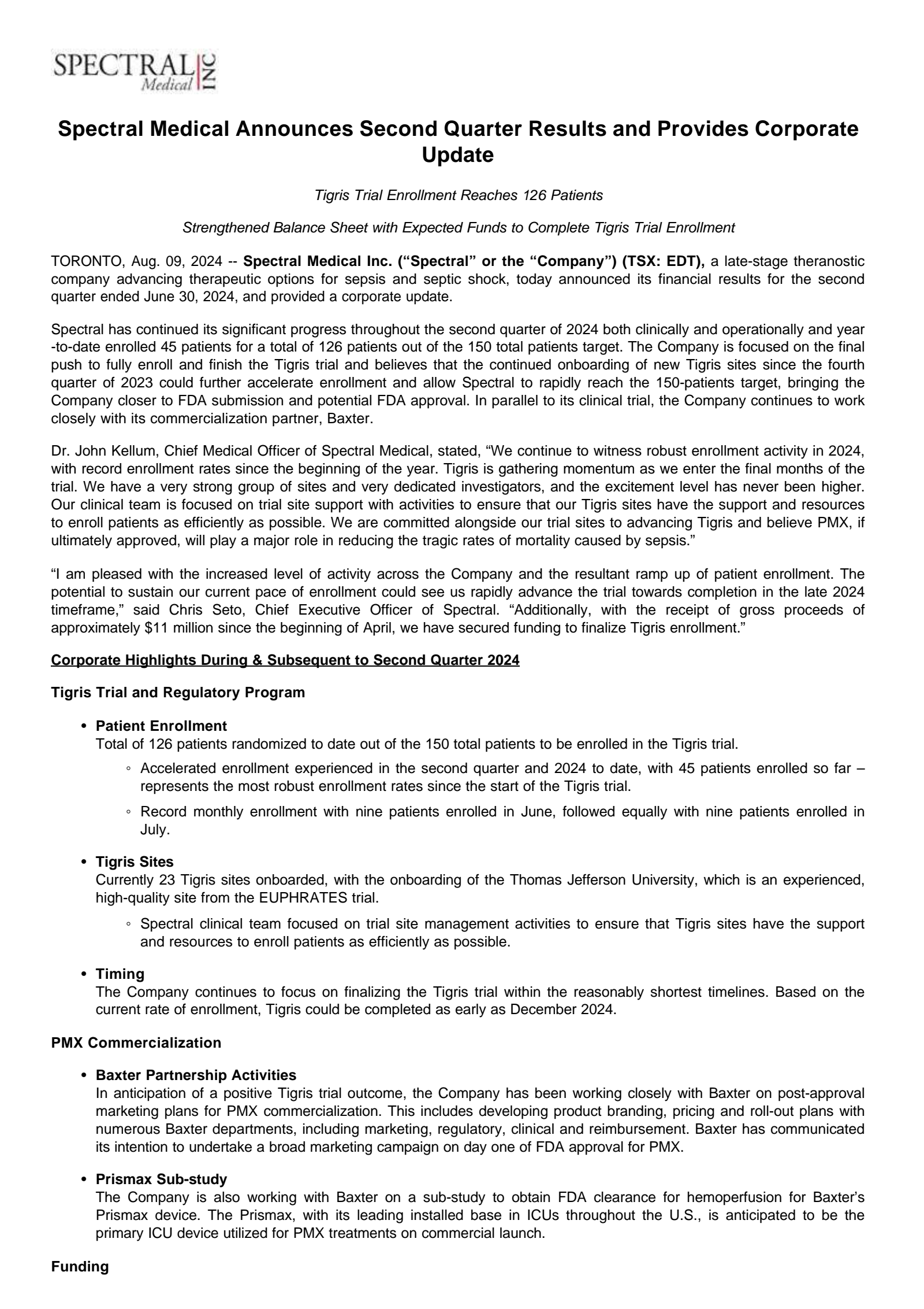 Spectral Medical's Q2 2024 Press Release
