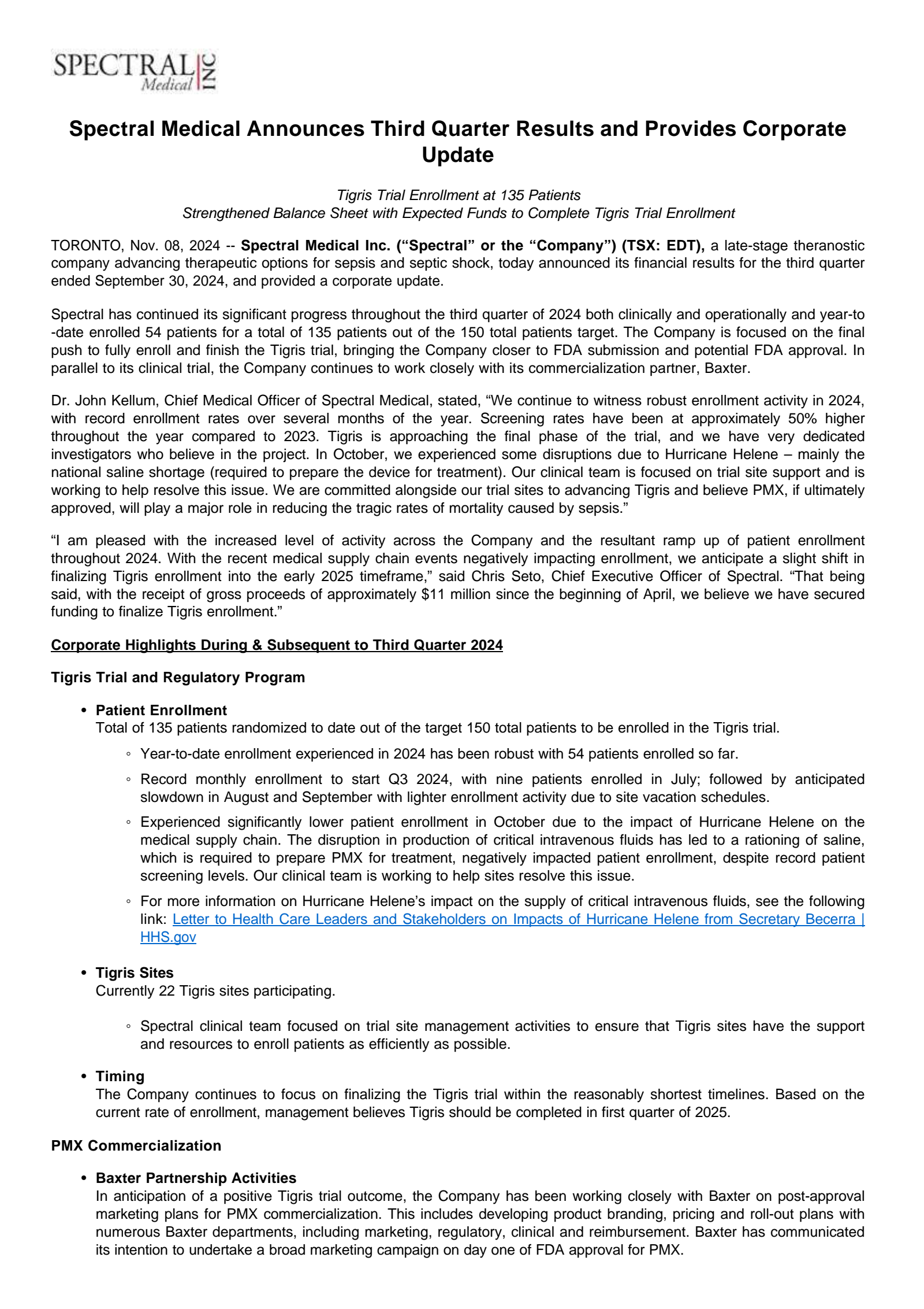 Spectral Medical's Q3 2024 Press Release