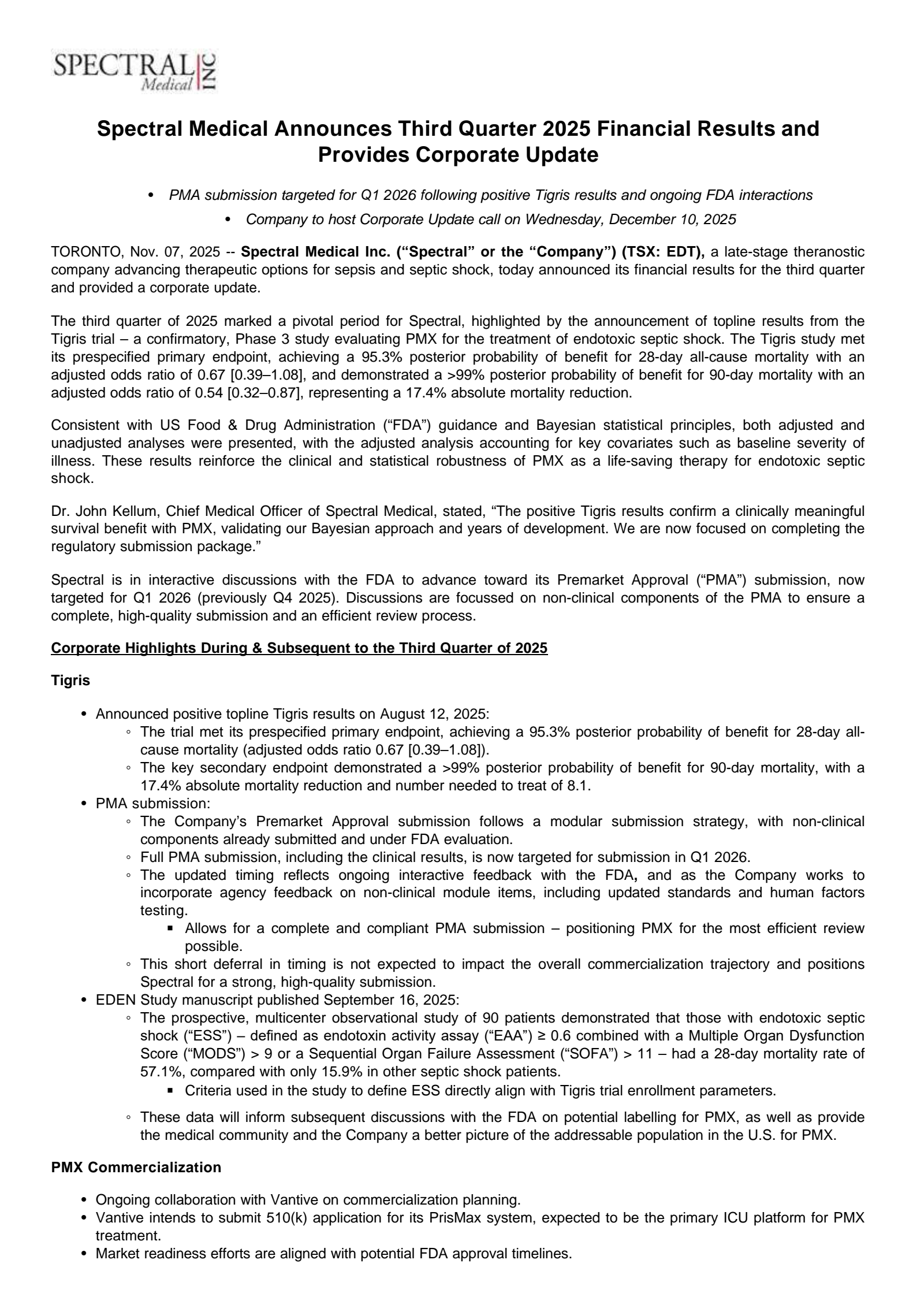 Spectral Medical's Q3 2025 Earnings Release