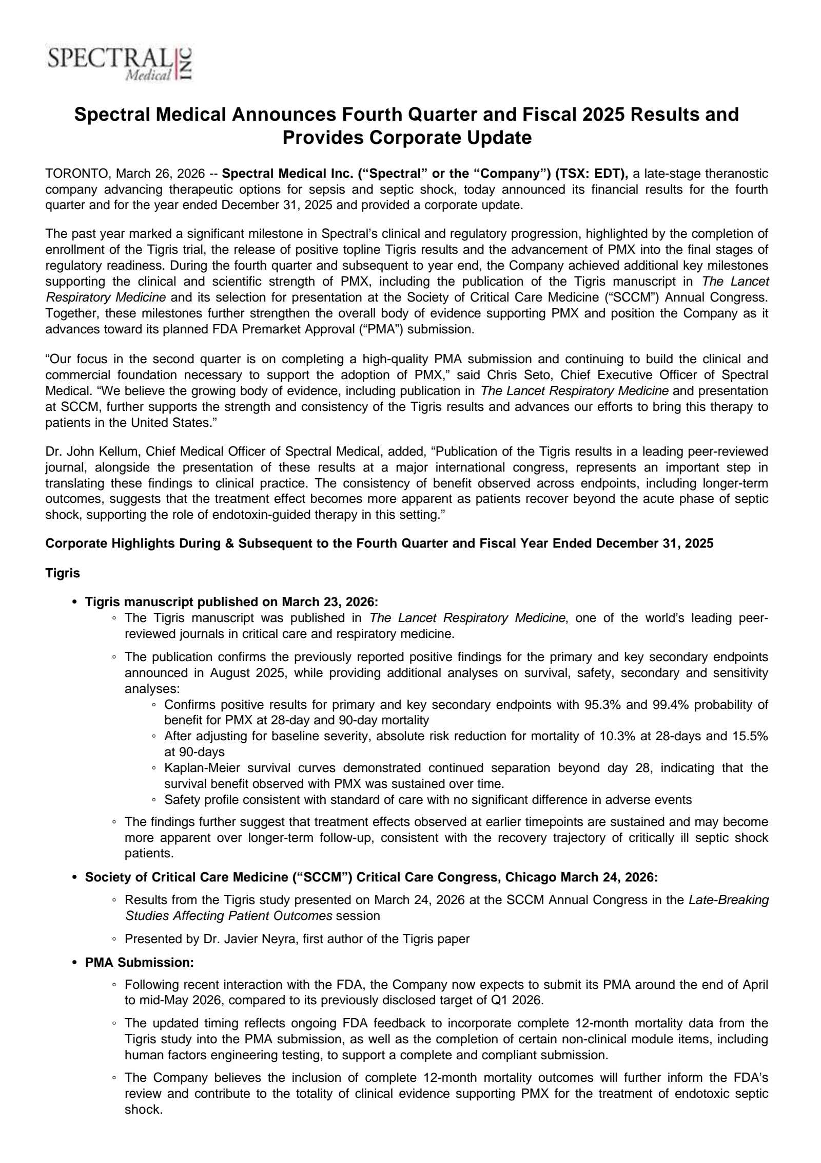 Spectral Medical's Q4 2025 Press Release