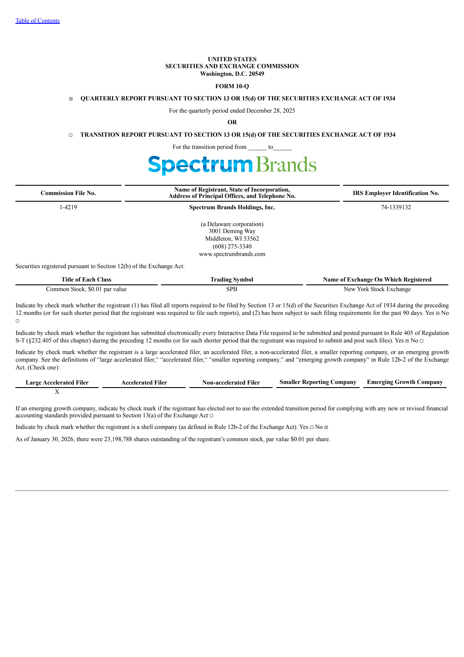 Spectrum Brands' Q1 2026 Quarterly report