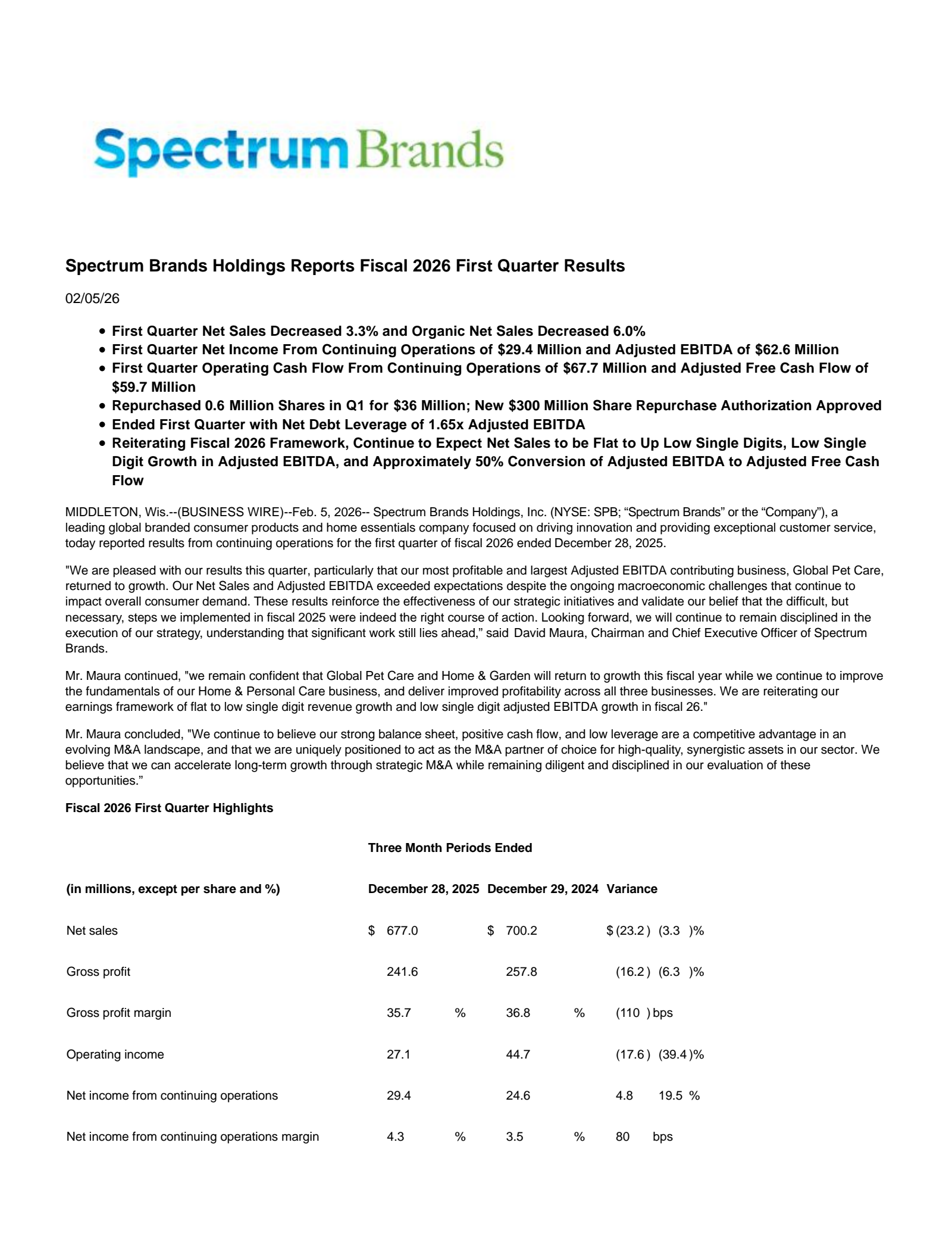 Spectrum Brands' Q1 2026 Press Release