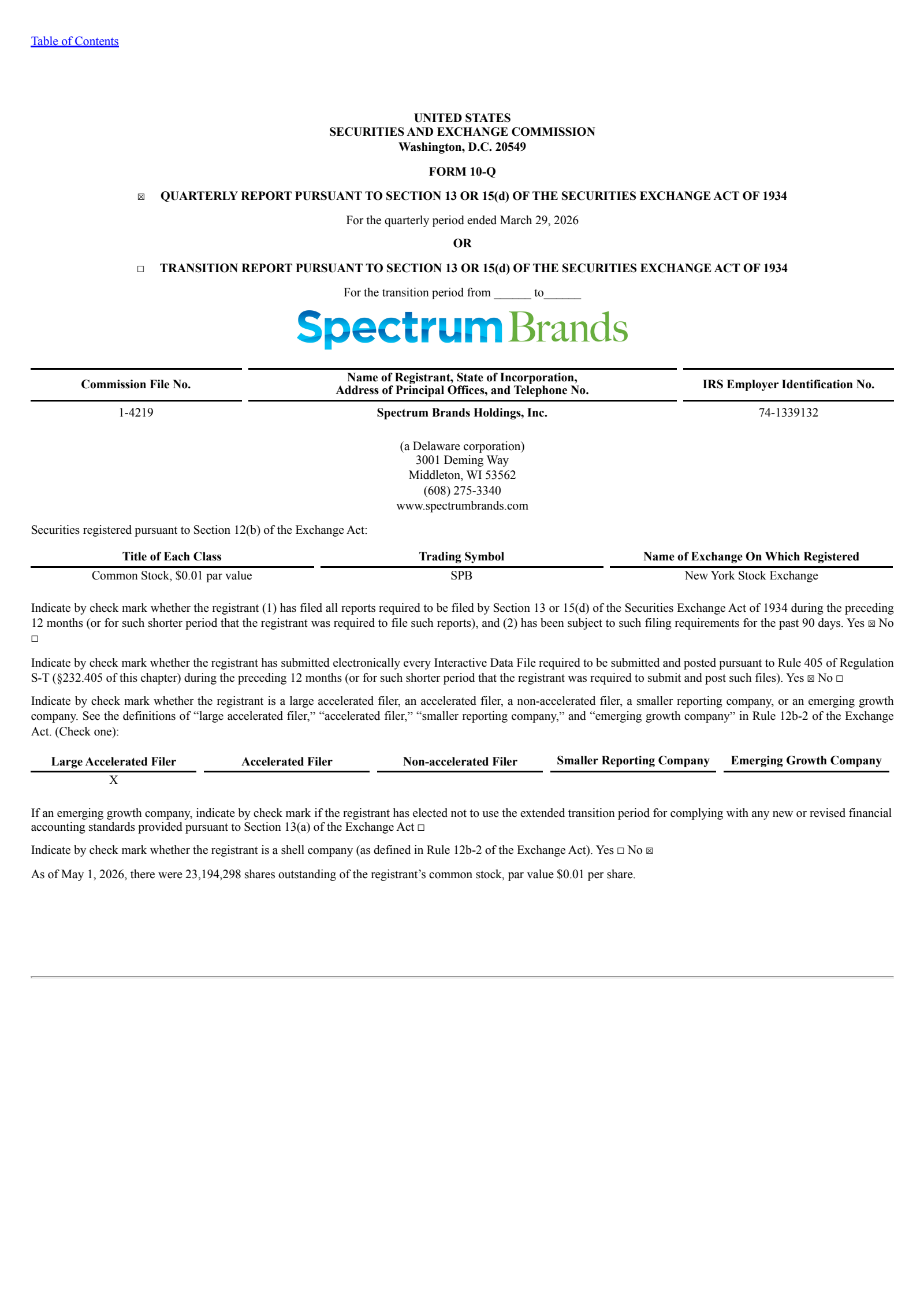 Spectrum Brands' Q2 2026 Quarterly report
