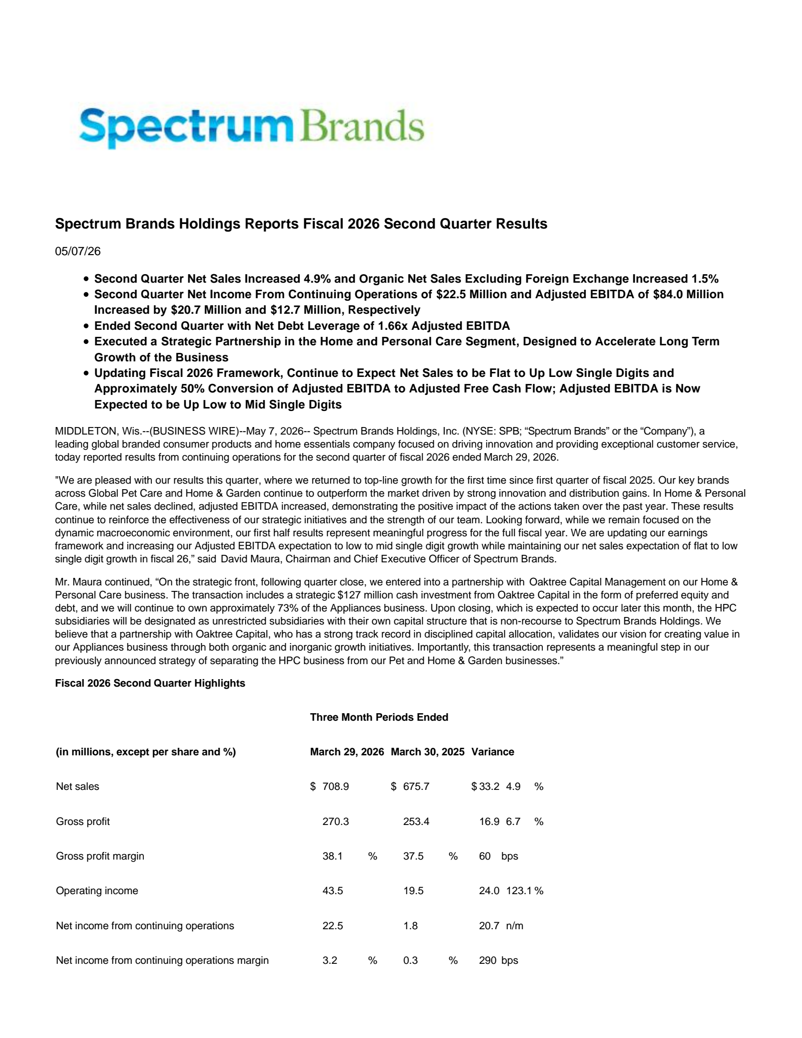 Spectrum Brands' Q2 2026 Press Release
