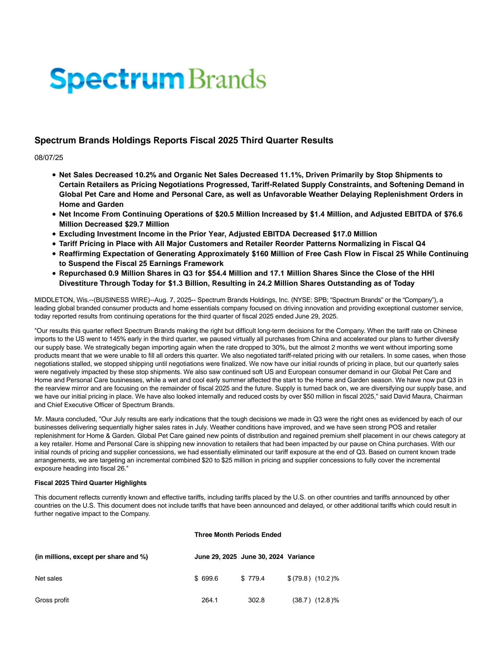Spectrum Brands' Q3 2025 Press Release
